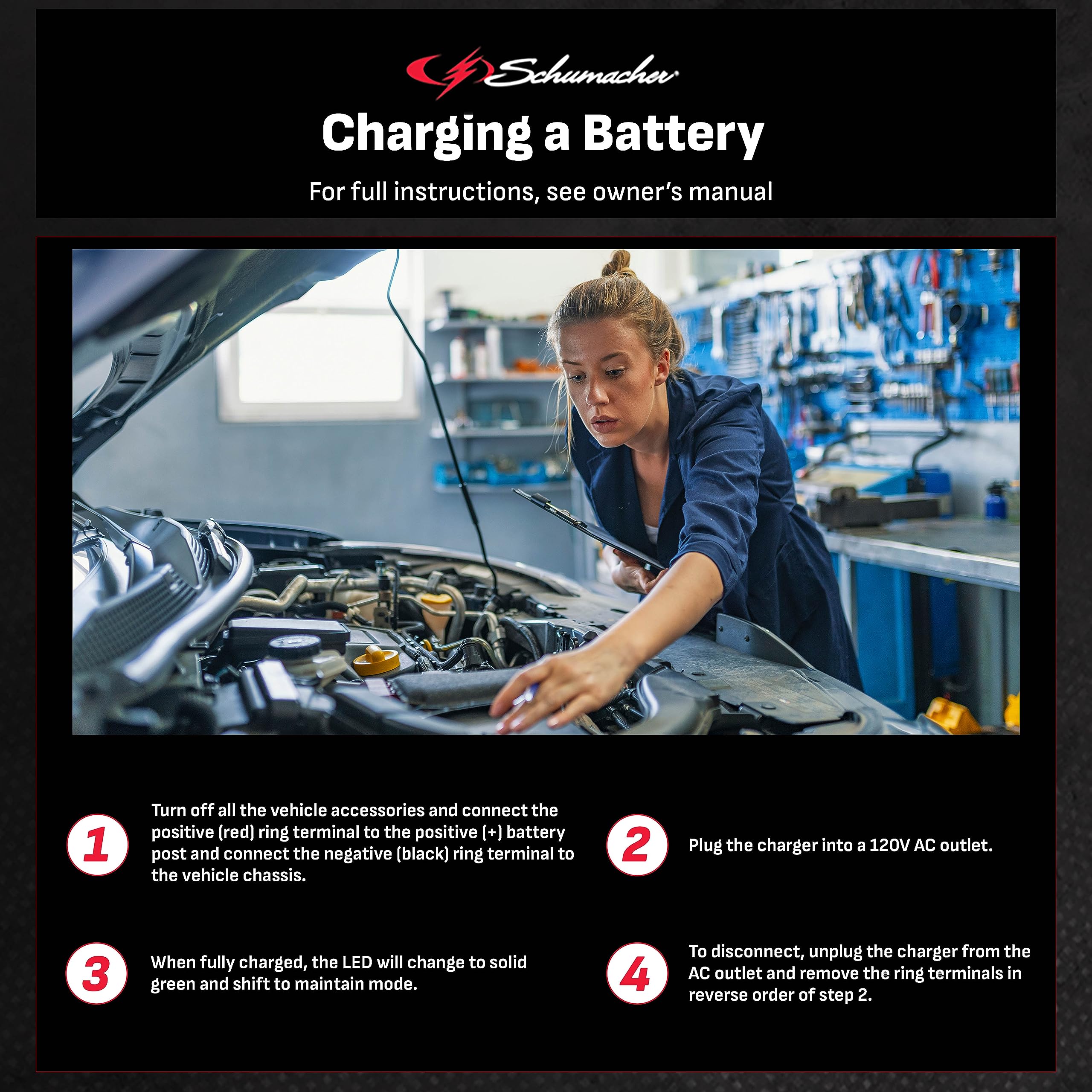 Schumacher Sc1300 Fully Automatic Direct-Mount Under-The-Hood Battery Charger/Maintainer With Battery Detection - 1.5 Amp, 6V/12
