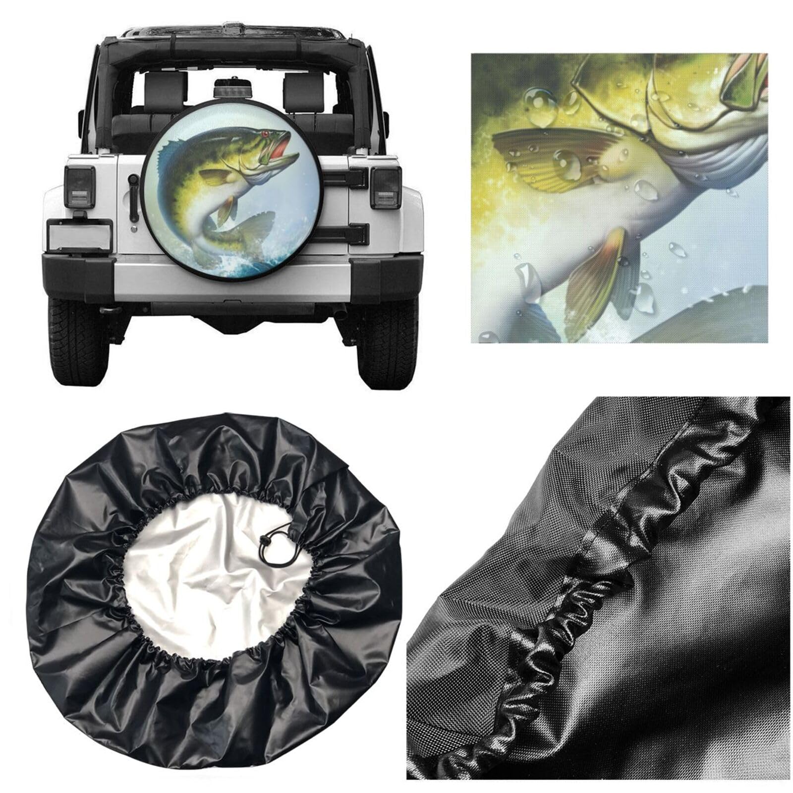 Bass Fish Jumping Spare Tire Cover Fishing Tire Wheel Covers Waterproof Dust-Proof Wheel Tire Protector Weatherproof Tyre Covers
