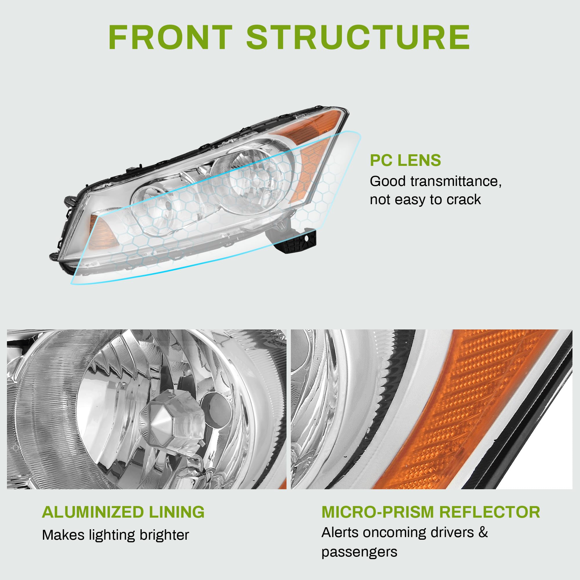 Autosaver88 Headlight Assembly Compatible With 2008-2012 Accord 4-Door Sedan Headlamp Replacement Chrome Housing Amber Reflector