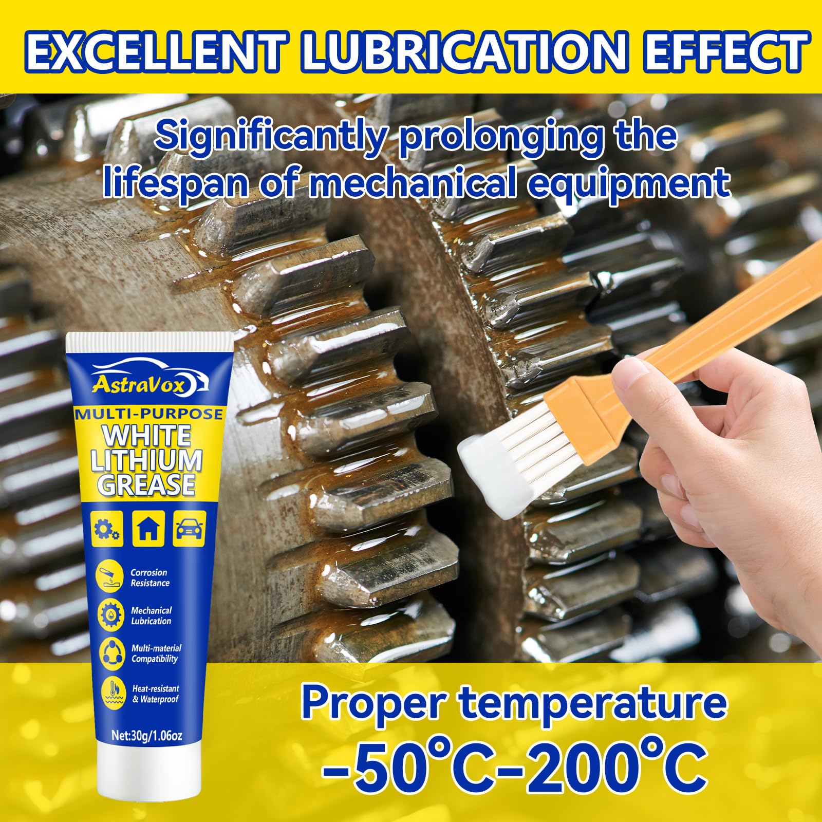 AstraVox White Lithium Grease with Brush, Multi-Purpose Garage Door Lubricant for Hinges, Bearings, Gears, Automotive, Marine, I