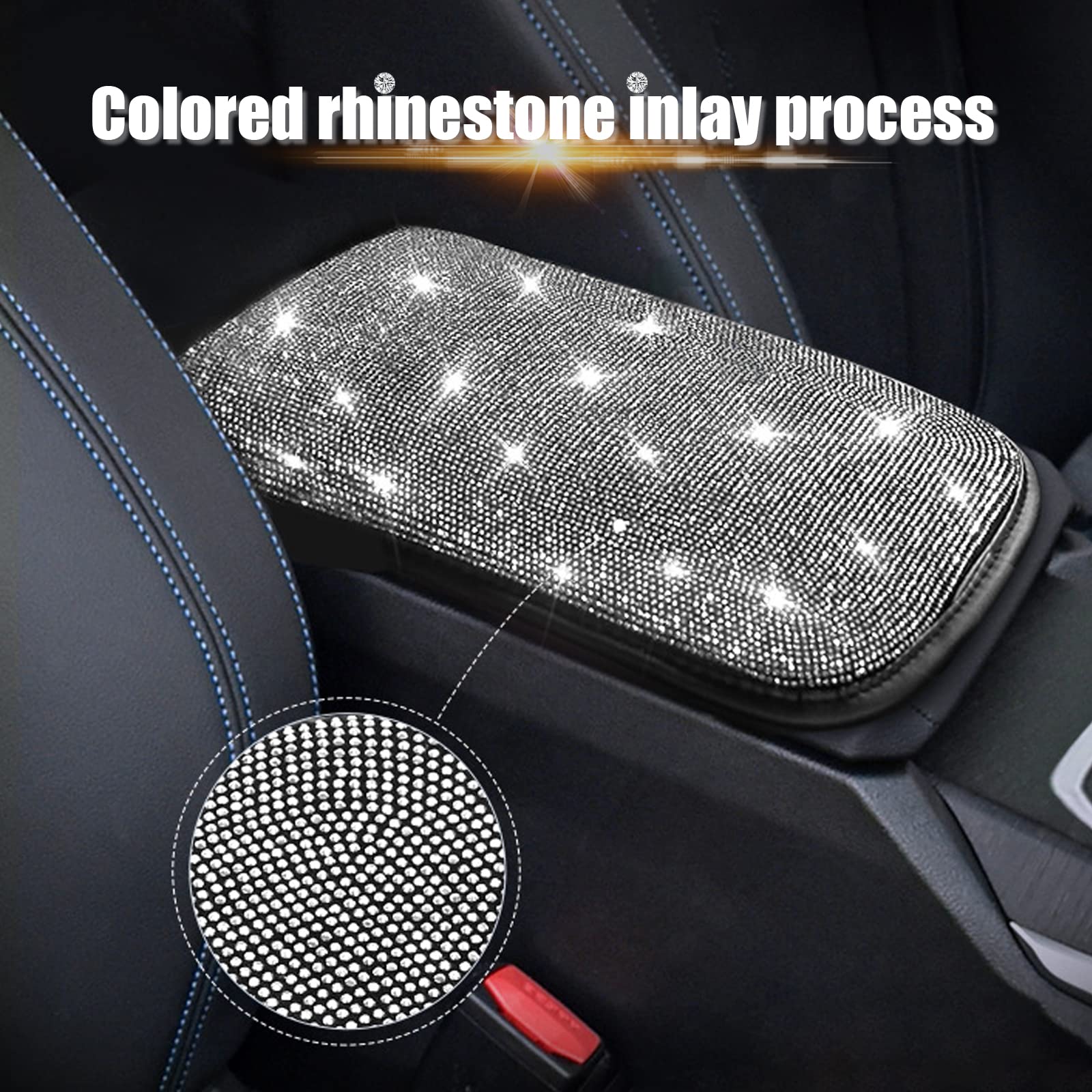 Miytsya B-Ling Car Armrest Cover Cute Charming Auto Center Console Protective Cover Luster Crystal Rhinestone Car Arm Rest Cushion Pad Car Interior Accessories For Women Girl 12.2 X 8.7 Inch (Silver)