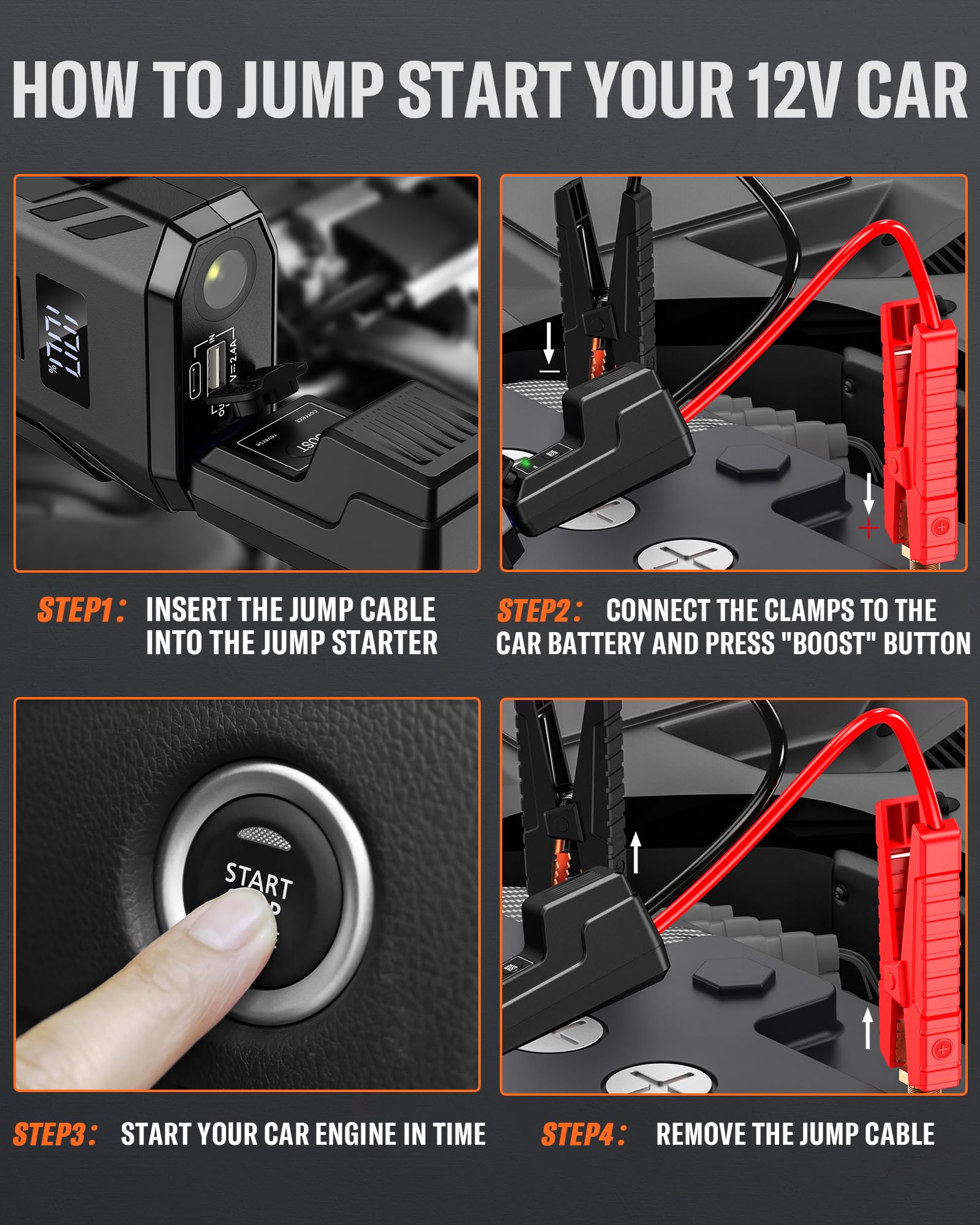Asperx Jump Starter, 2000A Peak Car Battery Jump Starter For Up To 8.0L Gas Or 6.5L Diesel Engine, 12V Portable Car Battery Boos