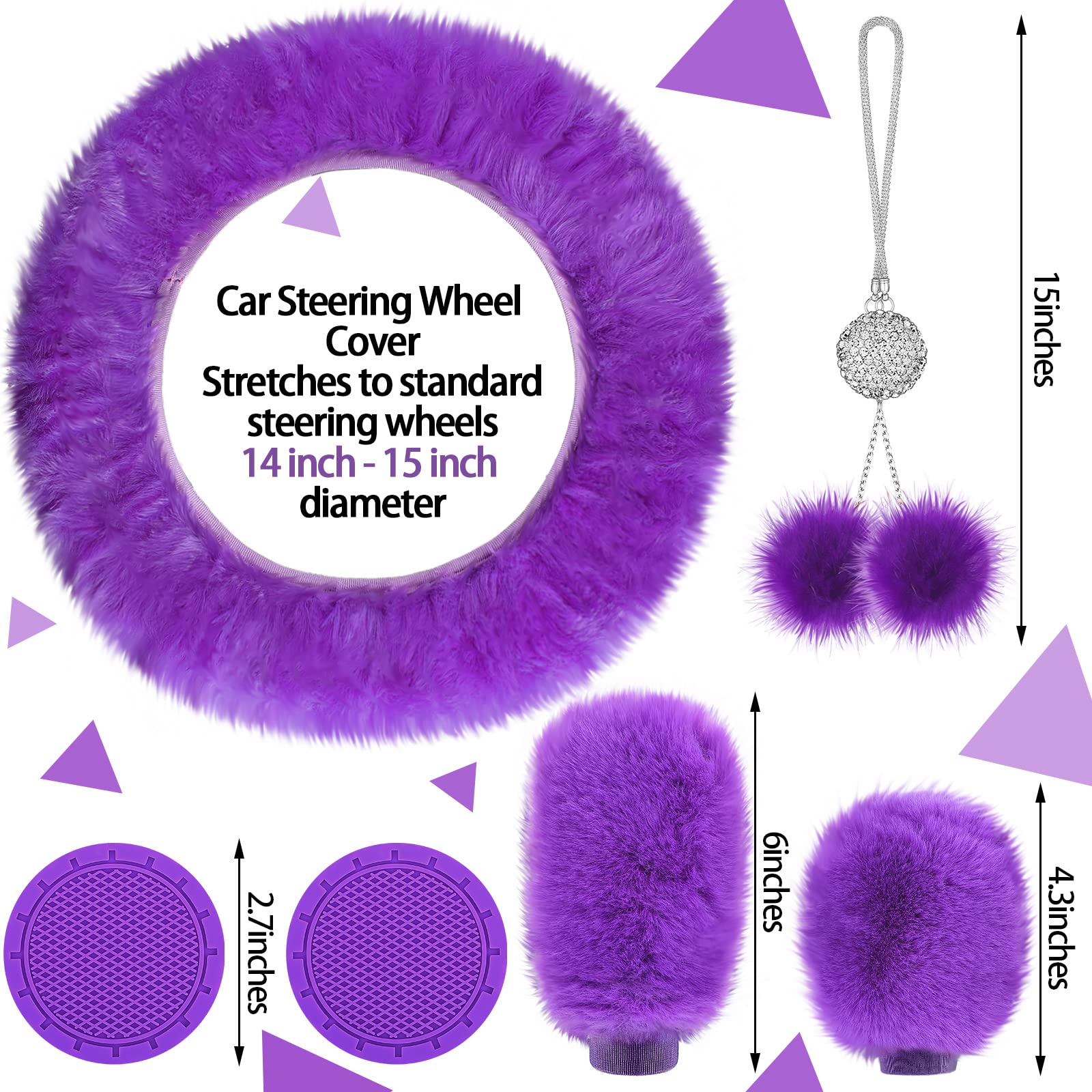 Tallew 17 Pcs Purple Car Seat Cover Full Set, Purple Car Seat Covers For Car Front Rear , Fluffy Steering Wheel Covers Soft