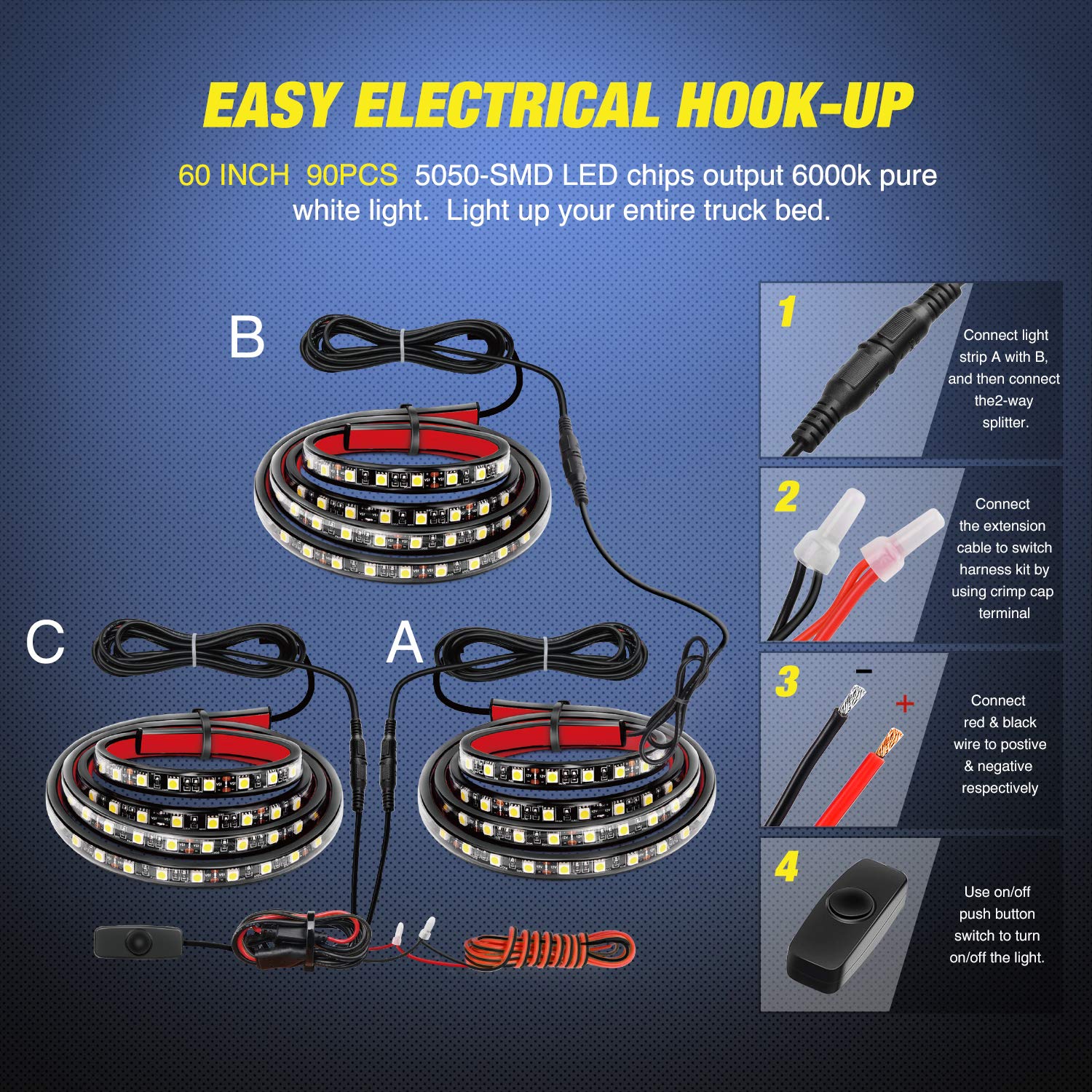 Nilight 3Pcs 60 Inch Truck Bed Light Strip Bundle With Tailgate Bar 60'' Triple Row 504 Led Strip 4 Way Flat Trailer Y-Splitter