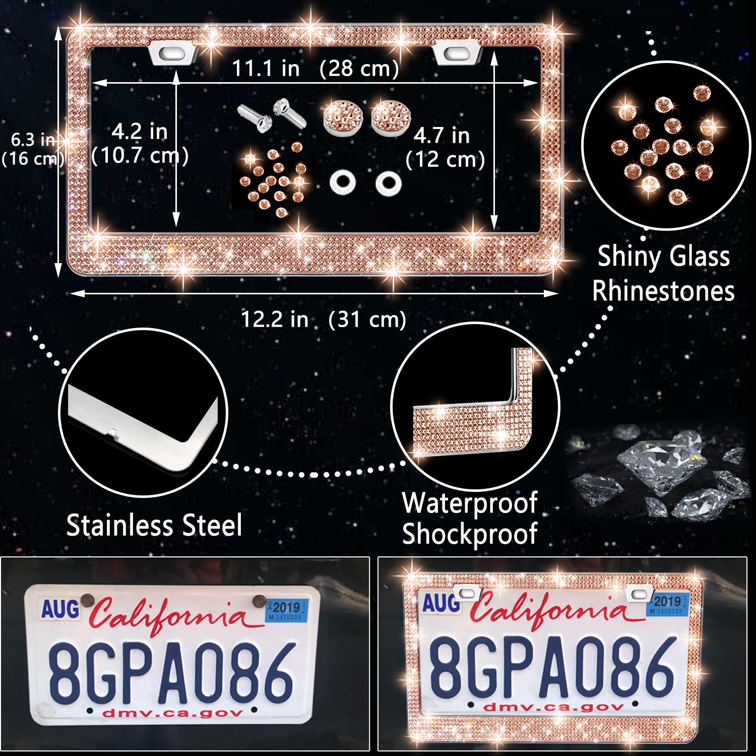 Nbtepem 27 Pcs Gold Champagne Bling Car Accessories Set For Women, Bling Steering Wheel Covers Universal Fit 15 Inch, Bling Lice