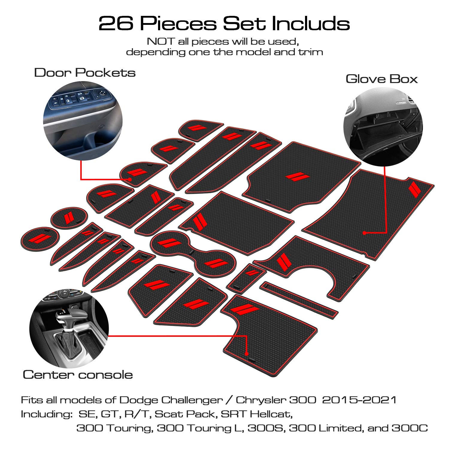 REMOCH 26pcs Cup Holder Insert & Console Liner Mats for Dodge Charger 2015-2023 - Red Trim, Interior Door Pocket Accessories