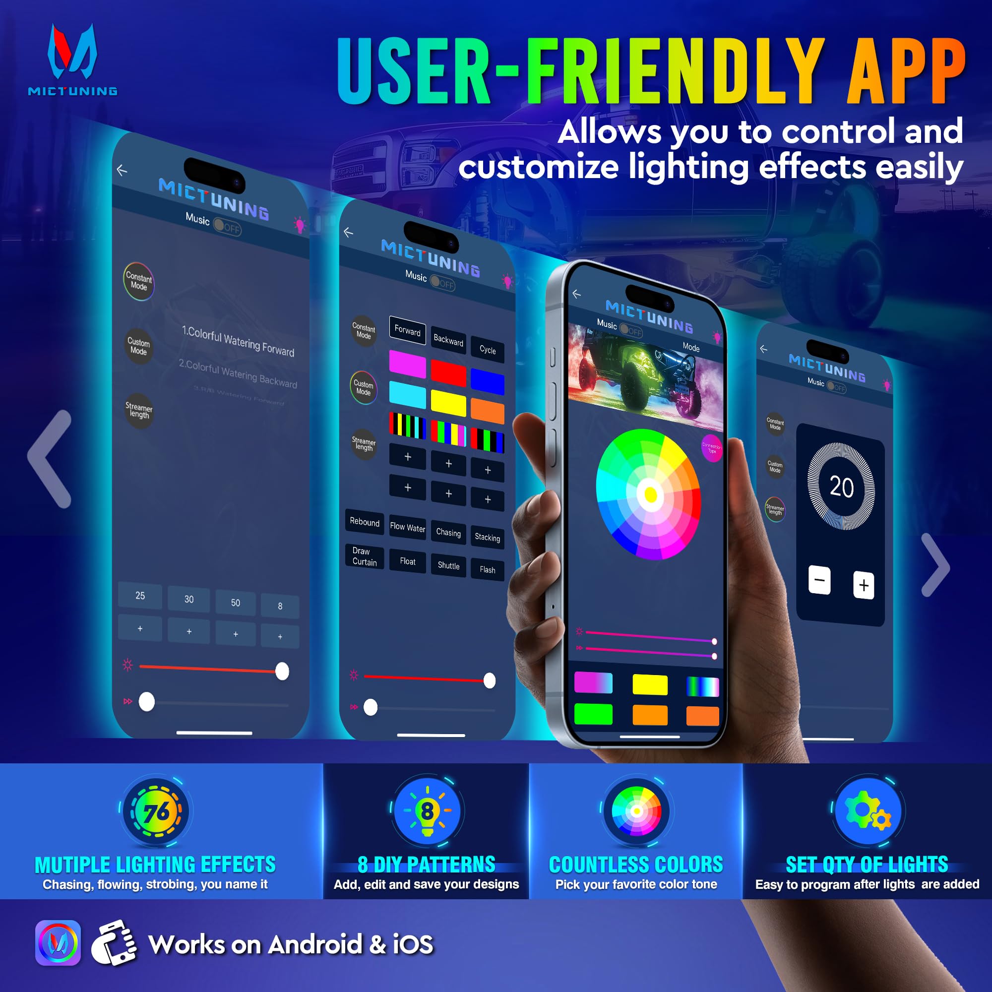 Mictuning Rgb+Ic Chasing Color Led Rock Lights Kit - 8 Pods Underglow With App Control, Ip68 Waterproof, Extendable To 24 Pods -