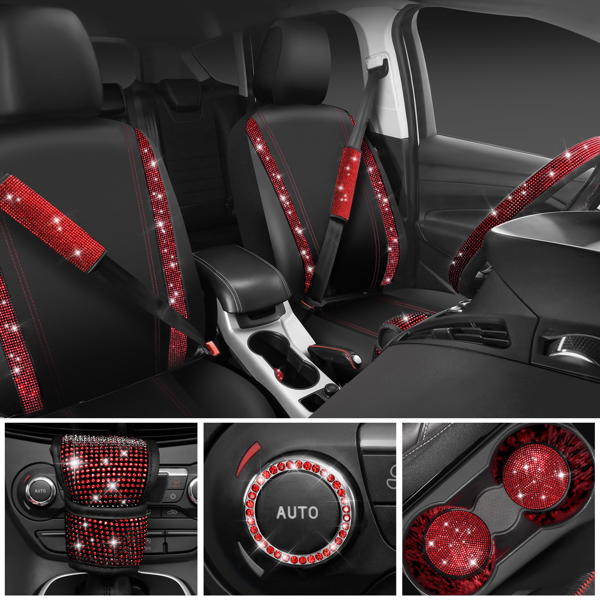 Car Pass Leather Red Diamond Seat Cover Set, 11Pcs Including Steering Wheel & Gear Cover, For Women, Universal Fit