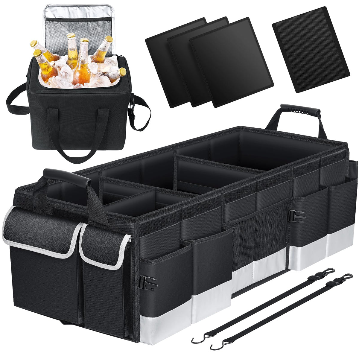 Oasser Trunk Organizer With Cooler Bag, Large Collapsible Car Trunk Organizer For Suv With Multi Compartments, Car Storage Groce