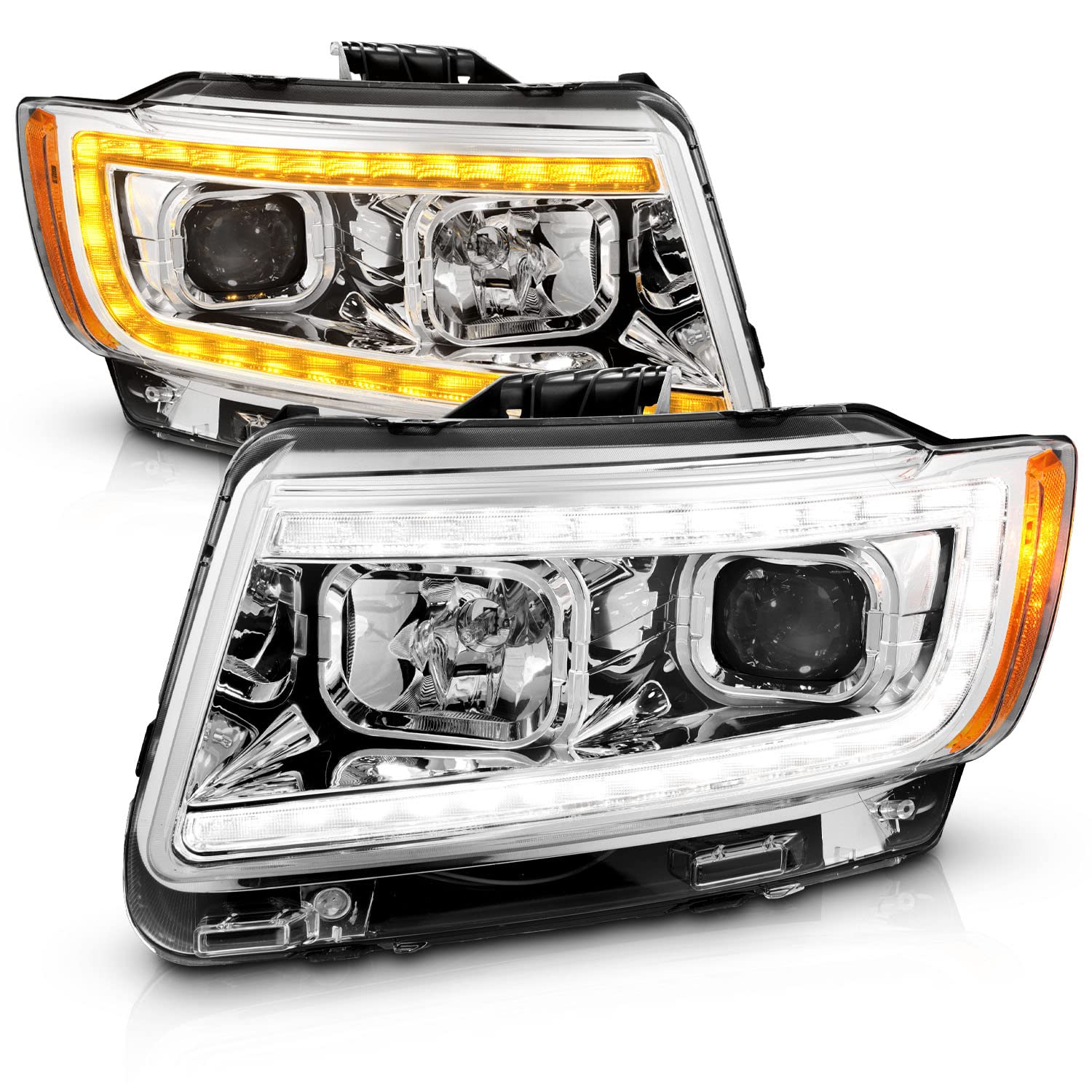 Amerilite For 2011-2013 Jeep Grand Cherokee Wk2 C-Type Led Switchback Tube Chrome Square Projector Headlight Assembly Pair - Passenger And Driver Side