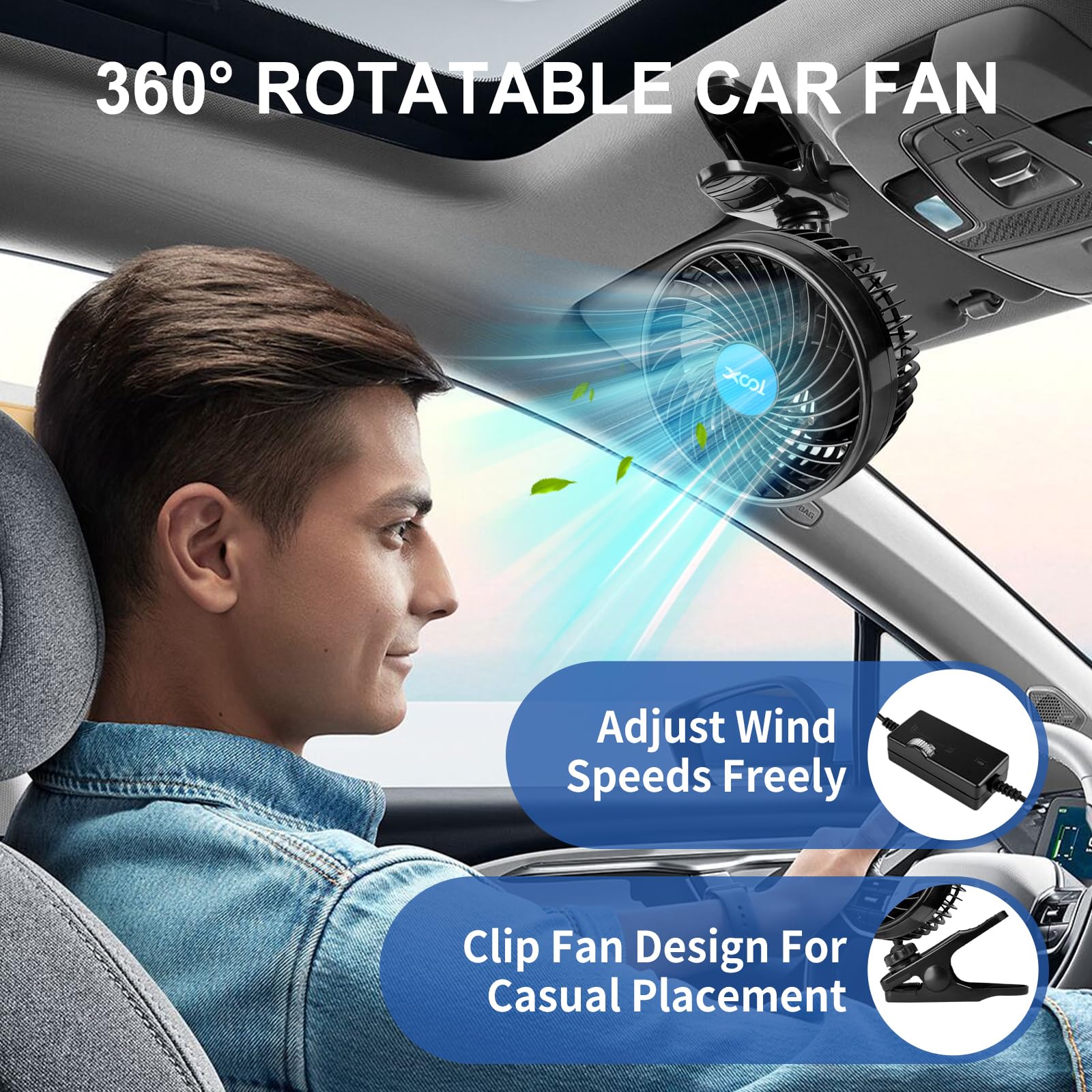 Xool 12V 6 ' ' Car Fan, Clip Fan 360 Degree Rotatable Car Fan Cooling Air Fan With Stepless Speed Regulation & Cigarette Lighter