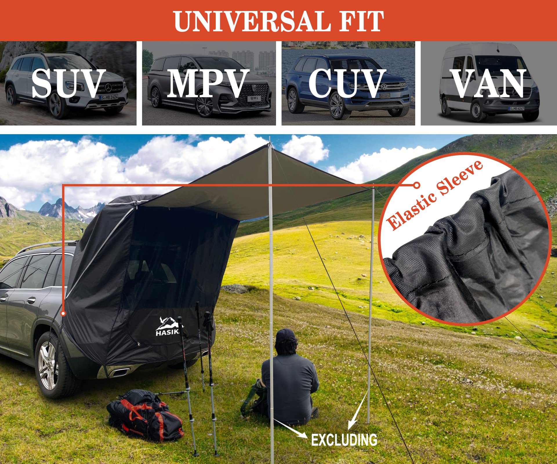 Hasika Suv Camping Tent Car Tailgate Shade Awning With Screen Net Midsize To Full Size Suv Van Waterproof 3000 Mm Upf 50+ Black