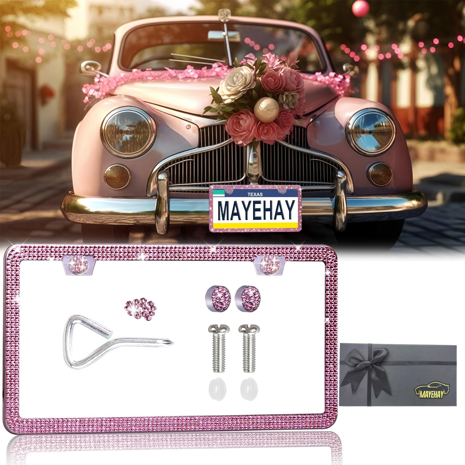 Pink License Plate Frame 1 Pack Bling Rhinstone License Plate Frames For Women Sparkle License Plate Cover Diamond License Plate