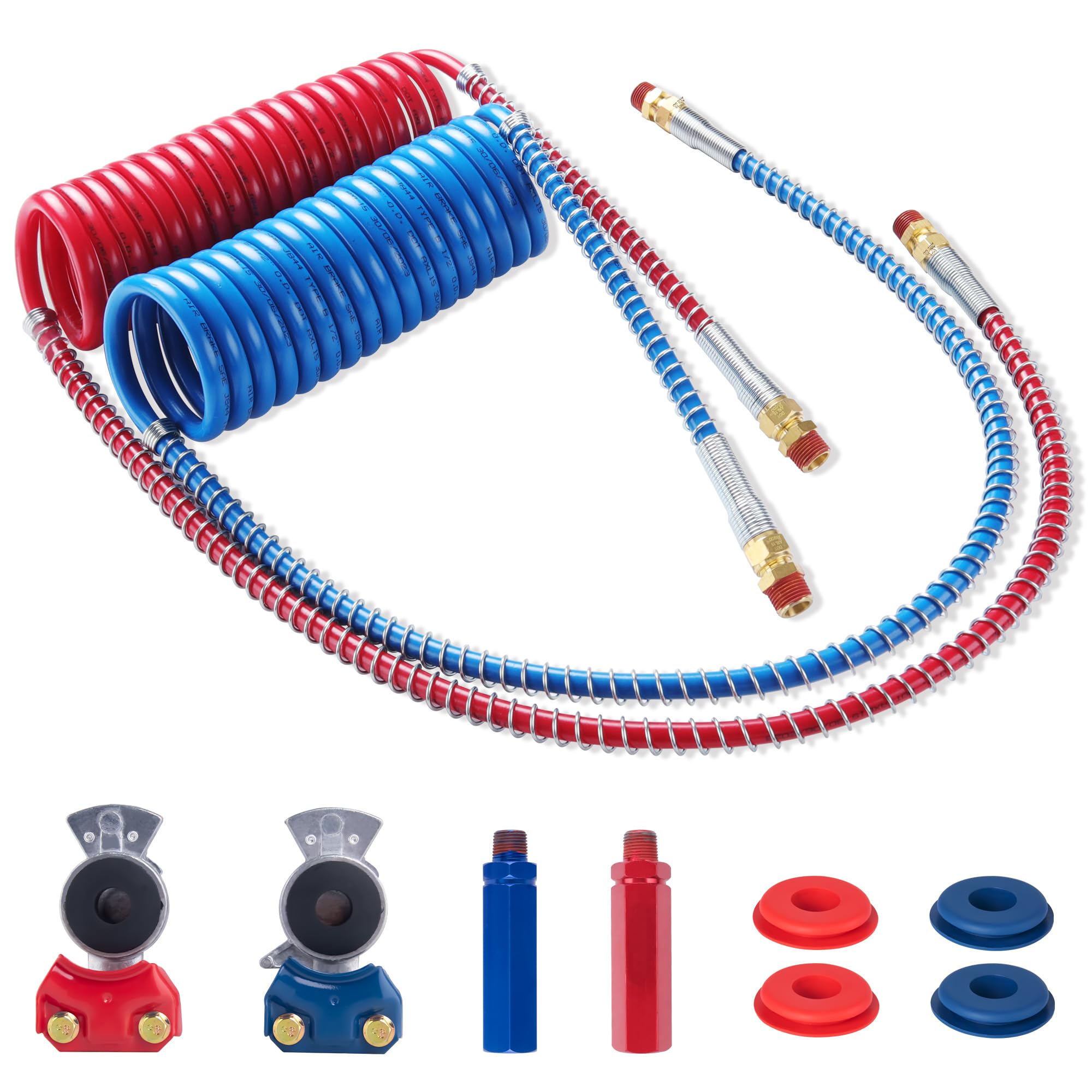 Ailbiuko Semi Truck Air Brake Line Hose Coil Assembly Coiled Set Airline Blue Red Pigtail Trailer Air Hose,1/2'' Npt Dot Fitting