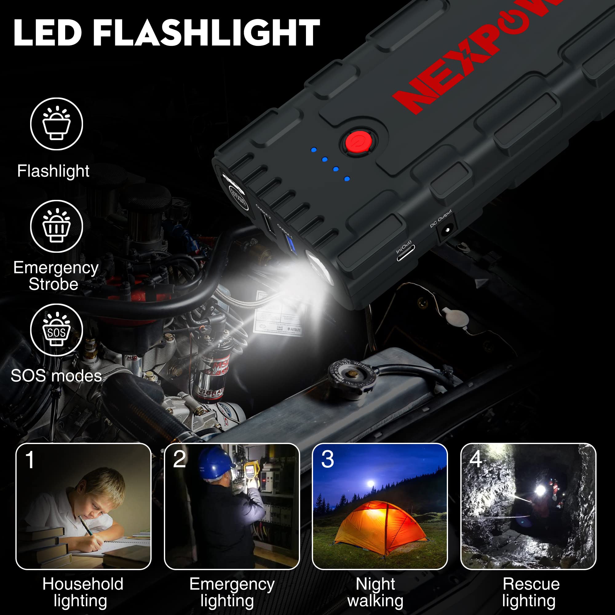 Nexpow 2000A Battery Jumper Starter Portable, 12V Car Jump Starter, Auto Battery Booster, Lithium Jump Box With Led Light/Usb Qu