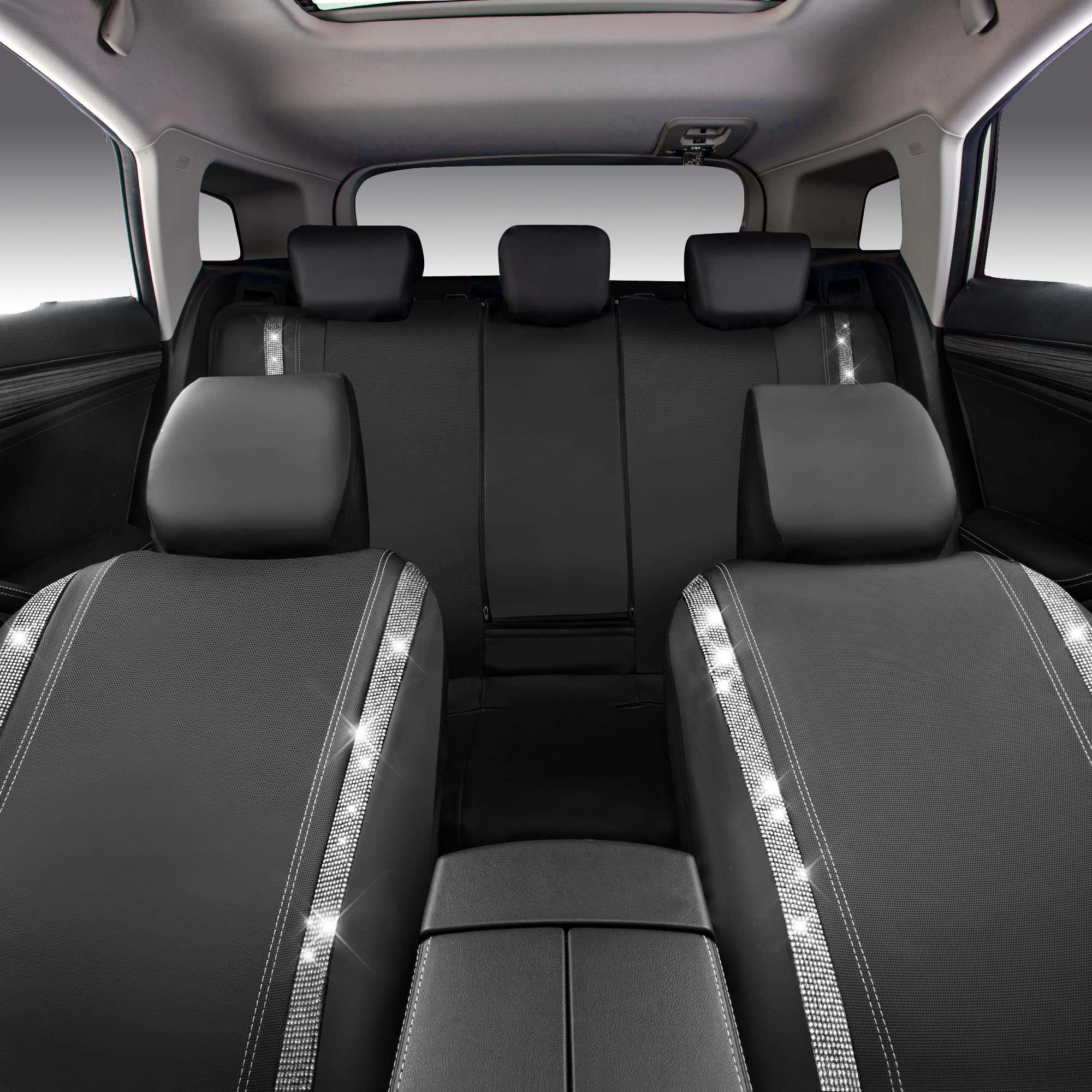 Car Pass Bling Car Seat Covers Full Set, Shining Rhinestone Diamond Waterproof Faux Leather, Rear With Zipper, Universal Fit Automotive Glitter Crystal Sparkle Strips For Cute Women Girl, Silver