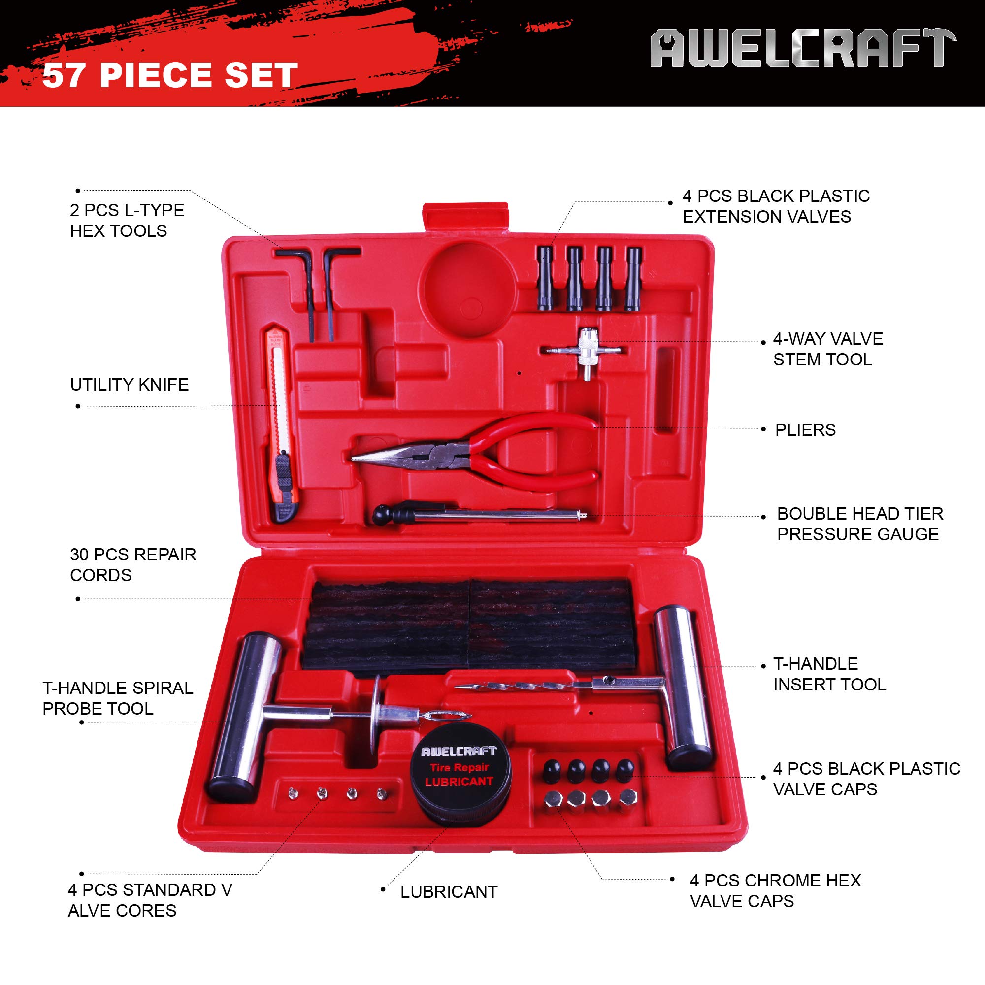 Awelcraft Heavy Duty Tire Repair Tools Kit - 57 Pcs Set Truck Tool Box For Motorcycle, Car, Atv, Jeep, Truck, Tractor Flat Tire Plug Kit