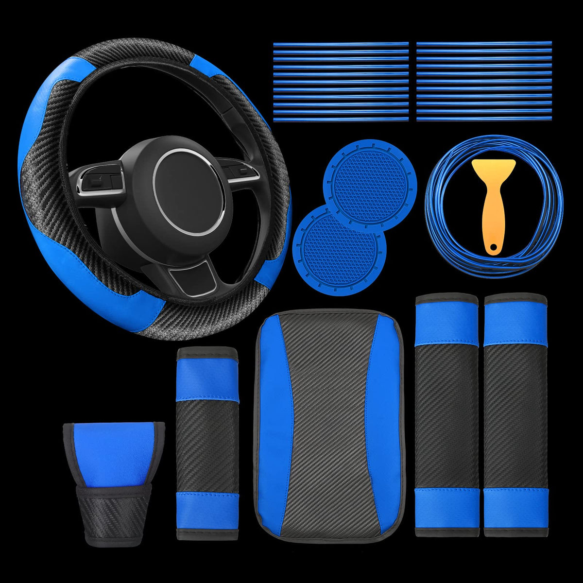 30 Pcs Car Accessories Set PU Leather Steering Wheel Cover Anti Slip Steering Wheel Protector Car Vent Trim Strips Air Condition