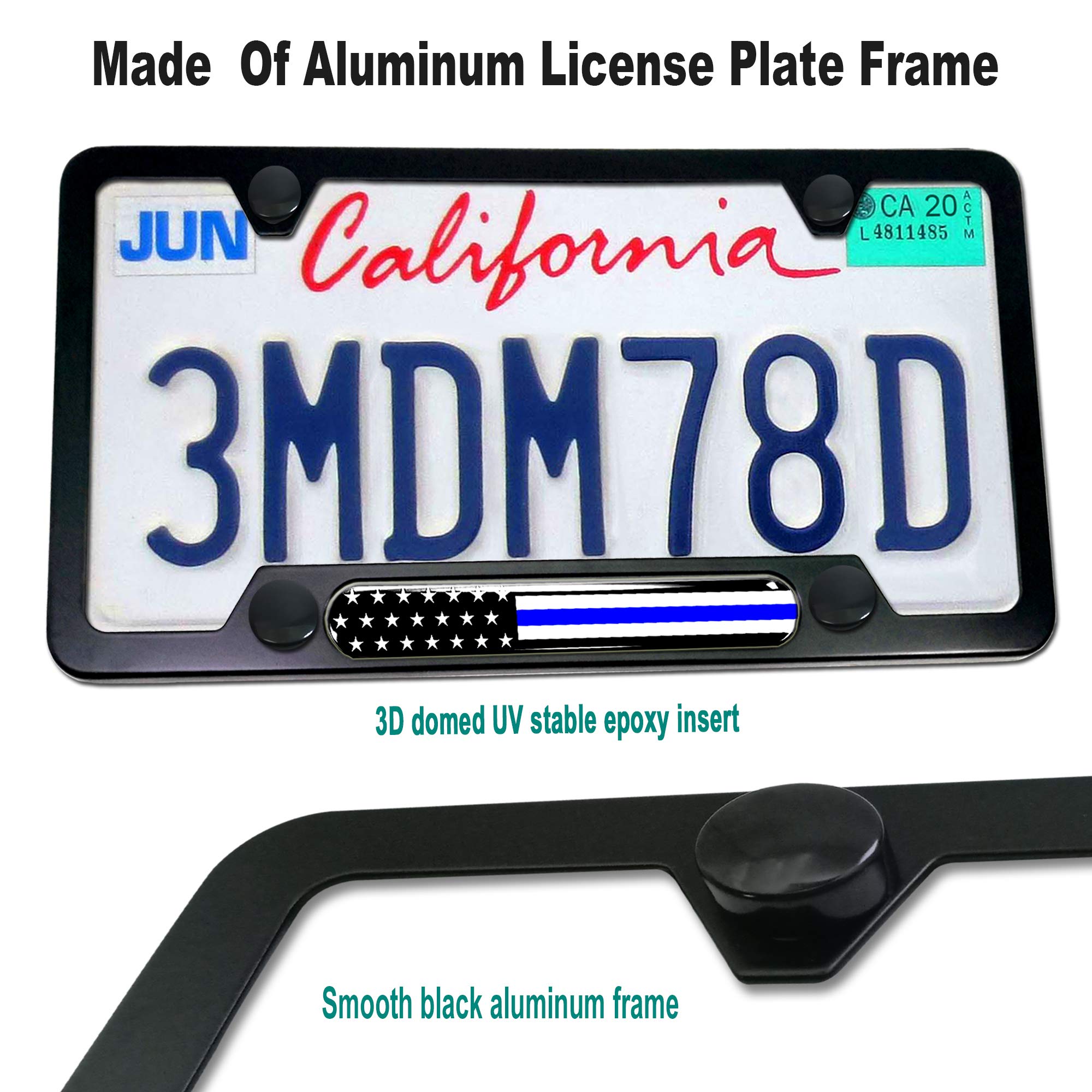 Aootf Police Thin Blue Line License Plate Frames- 2 Pack American Flag Matte Black Aluminum Patriotic Car Tag Cover Holder With