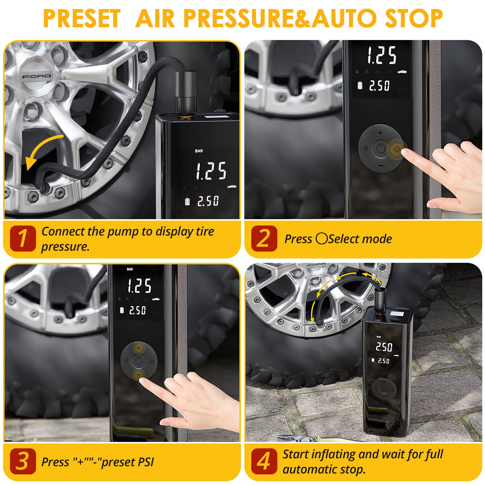 Tire Inflator Portable Air Compressor Fits Car&Truck-[12V Dc&6000Mah Battery]-150Psi Cordless Electric Smart Pump-Digital Pressu