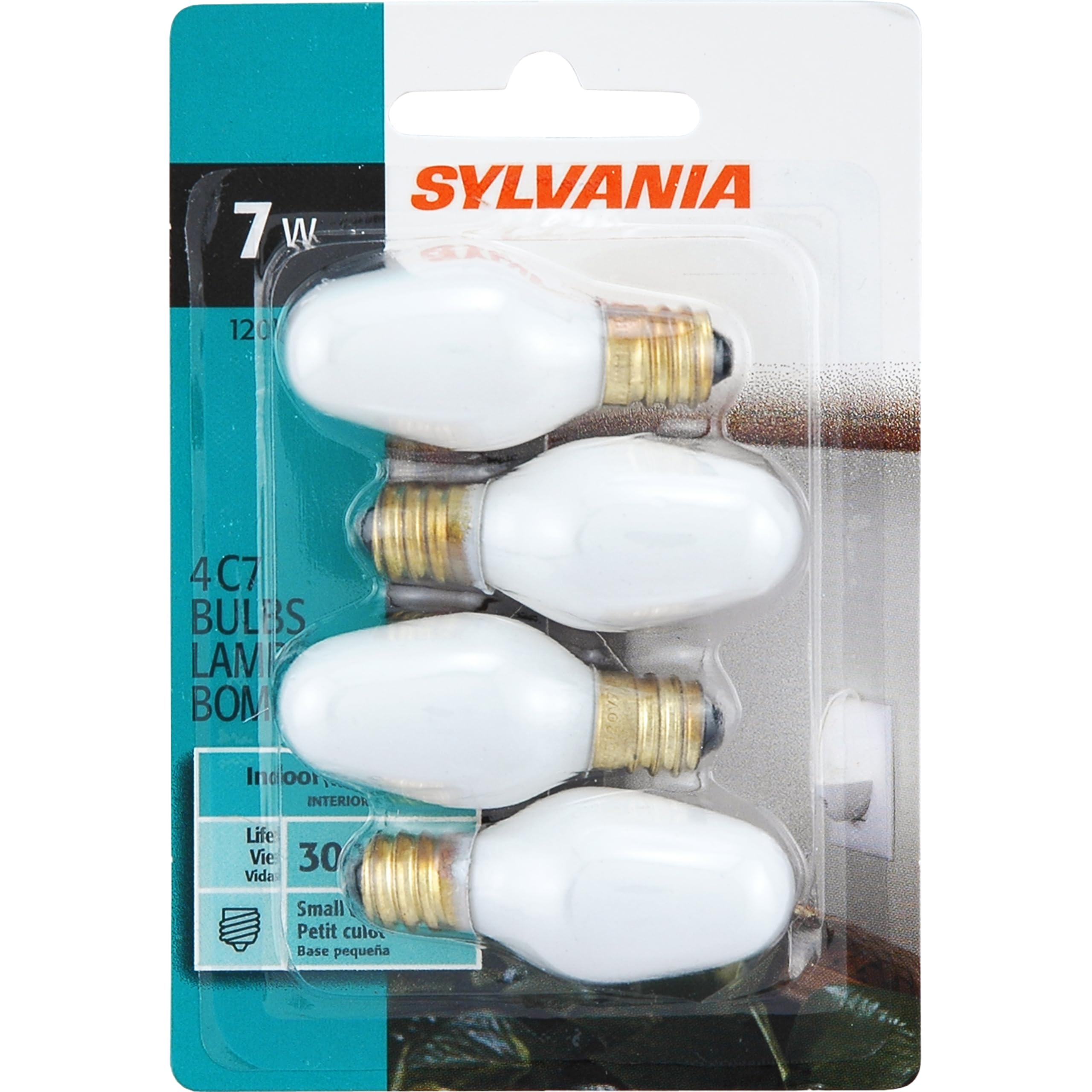 Sylvania Incandescent 7W C7 Nightlight Bulb, Dimmable, Candelabra Base, Frosted Finish, 2850K, Warm White - 4 Pack (13544)