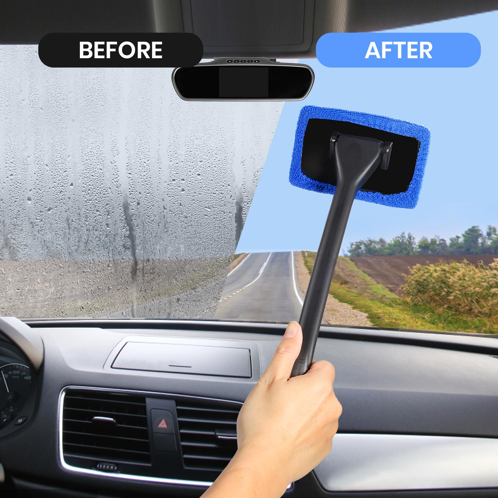 6PCS Windshield Cleaning Tool Car Window Cleaner with 5 Reusable and Washable Microfiber Pads and Extendable Handle Auto Inside