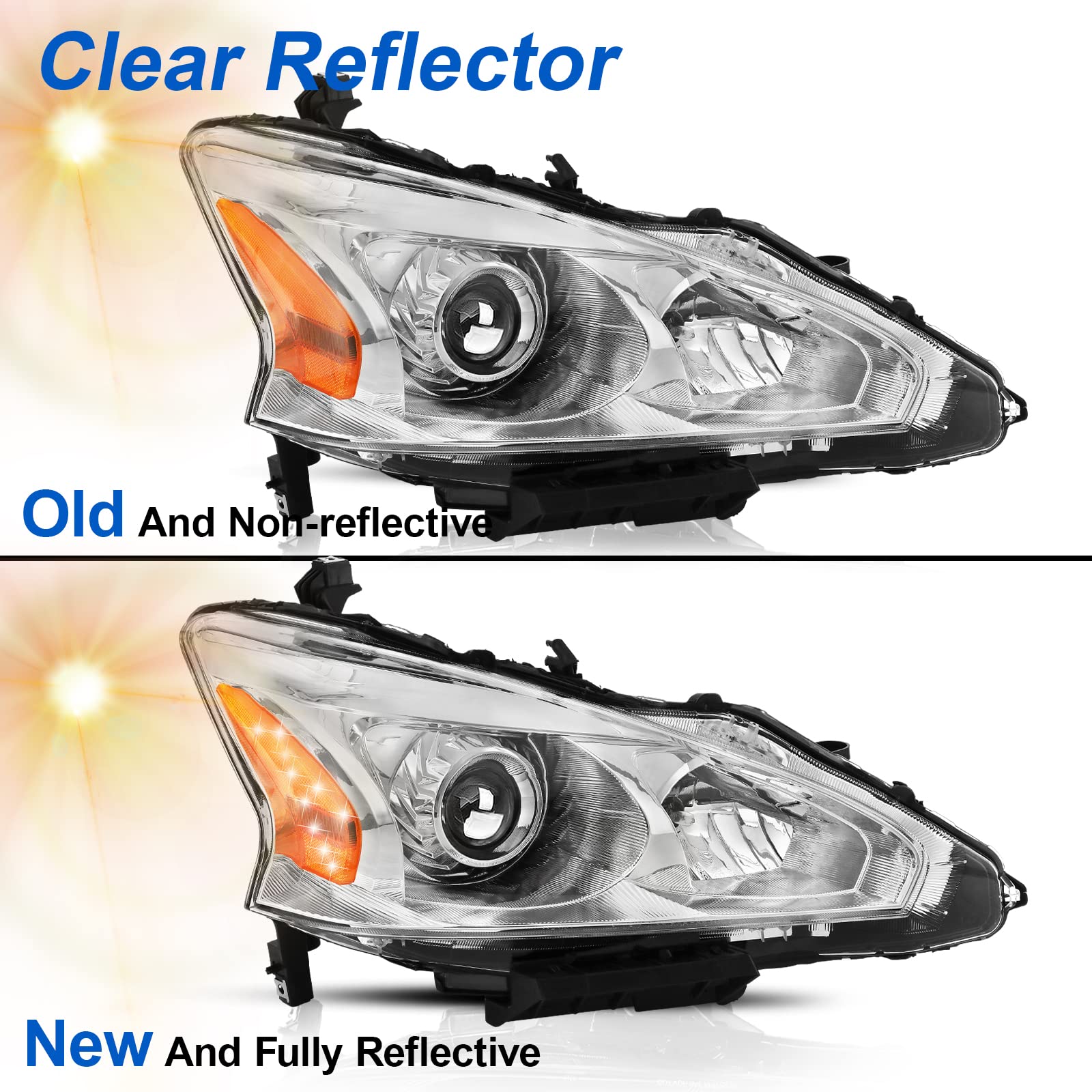 Alziria Headlight Assembly Compatible With 2013-2015 Nissan Altima S/Sl/Sv-Only Fit 4Door (Chrome Housing Amber Reflector)
