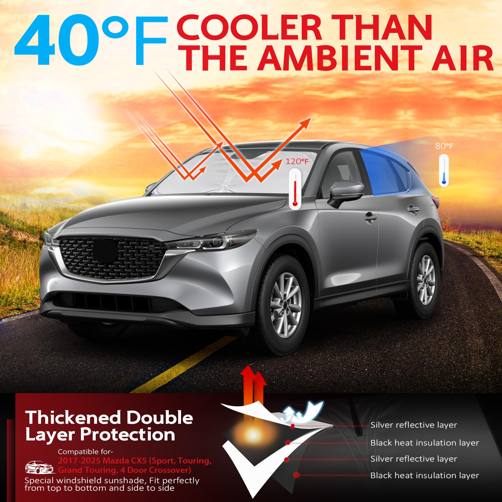 Kayzt Windshield Sun Shade For Mazda Cx5 2017-2025 Foldable Sunshade Cx-5 Sport, Touring, Grand Touring, 4 Door Crossover Front