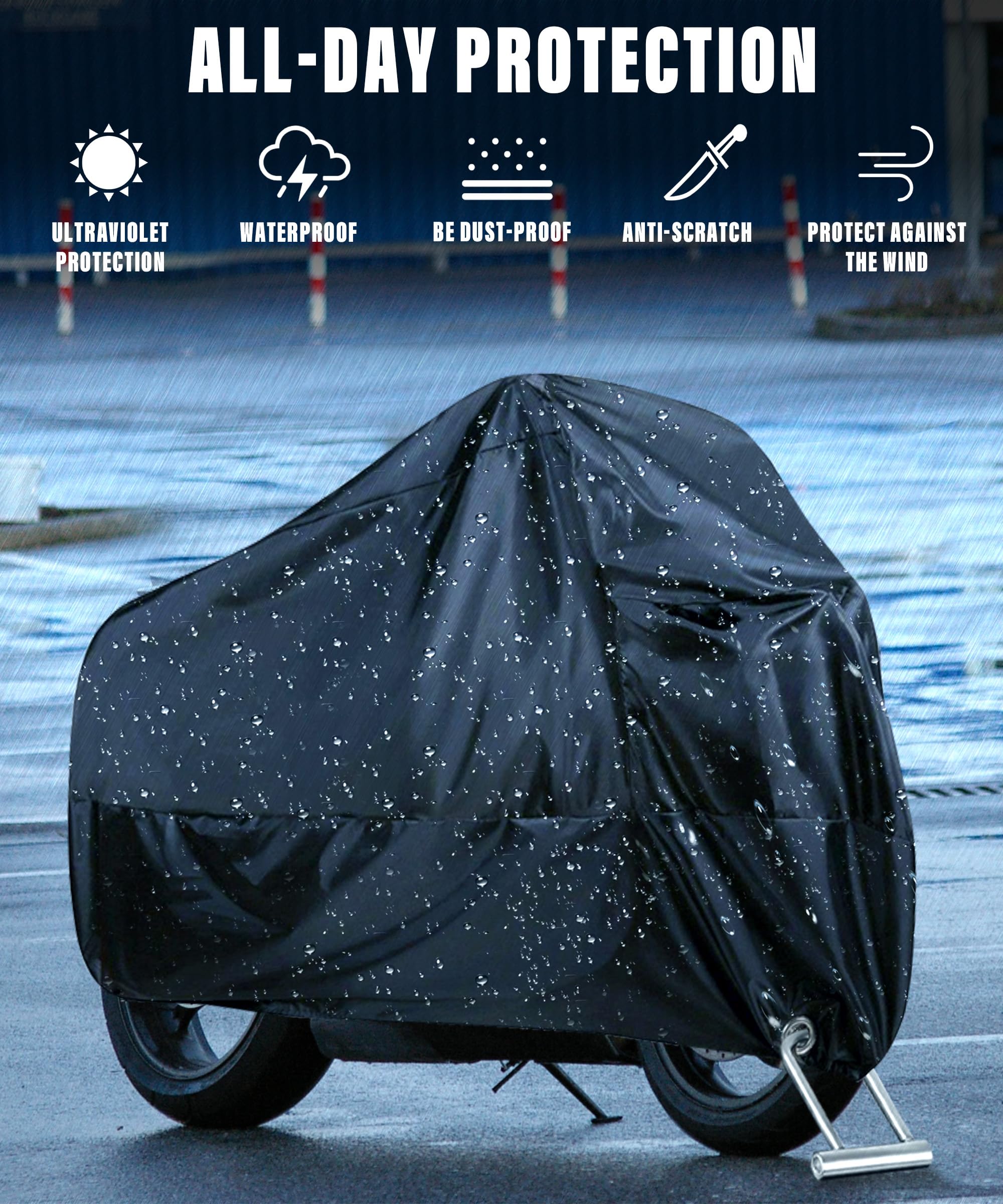 Qziulr Motorcycle Cover, Waterproof Full Cover with Lock-Holes & Storage Bag, Model 714MTCZ001