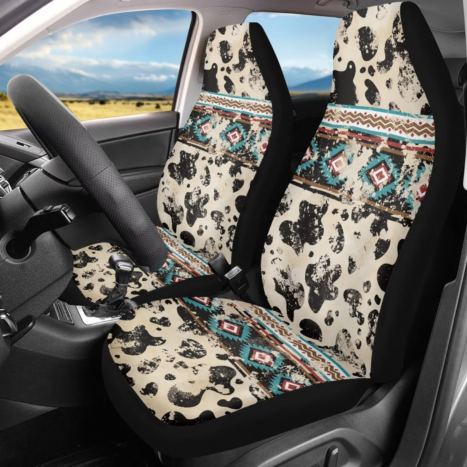 Fuibeng Set Of 2 Western Aztec Cow Automotive Seat Cover Full Set Car Protection Accessory,Comfy Elastic Front Seat Covers For M