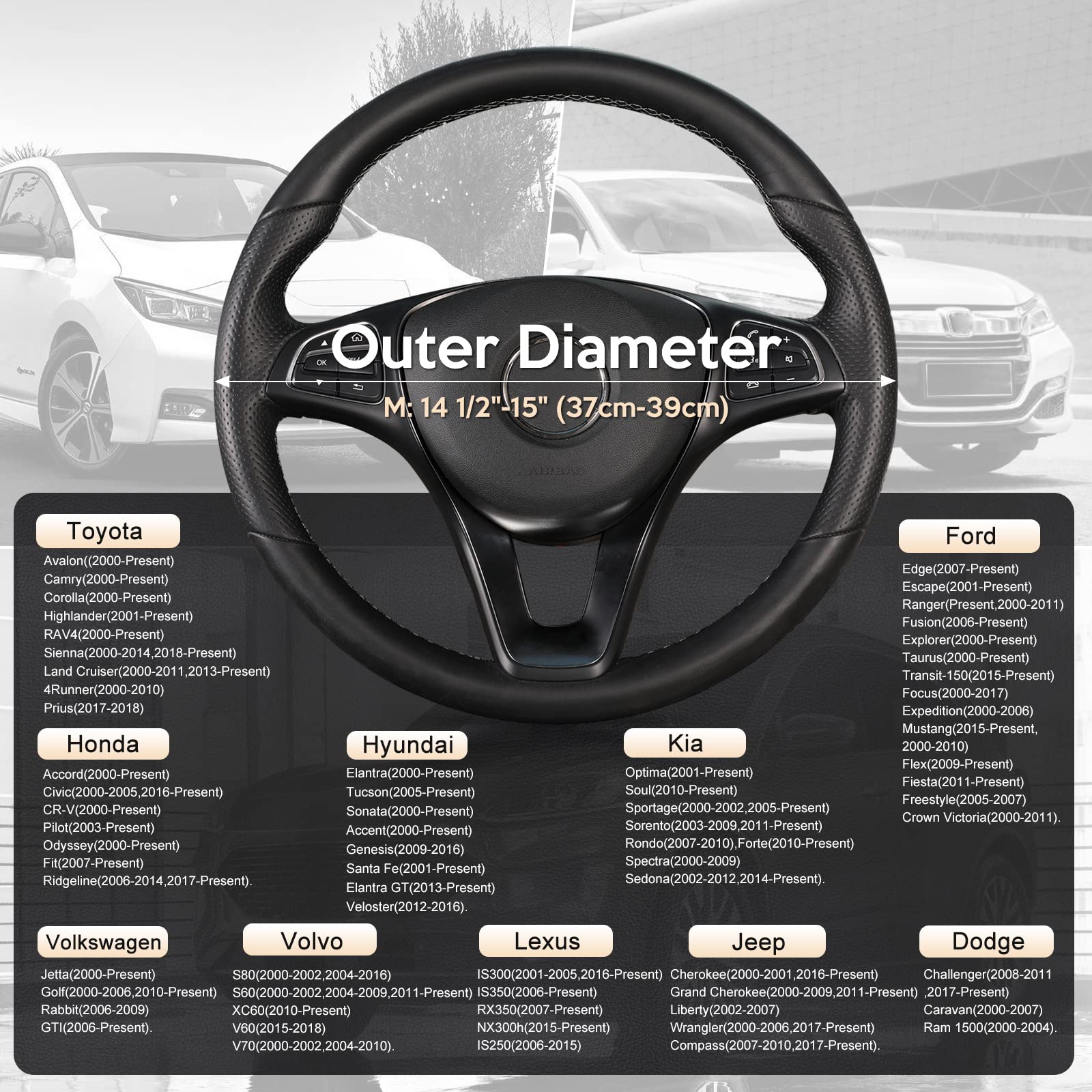 SEG Direct Car Steering Wheel Cover for All Standard-Size Steering Wheels with 14 1/2 inches - 15 inches Outer Diameter, Black M