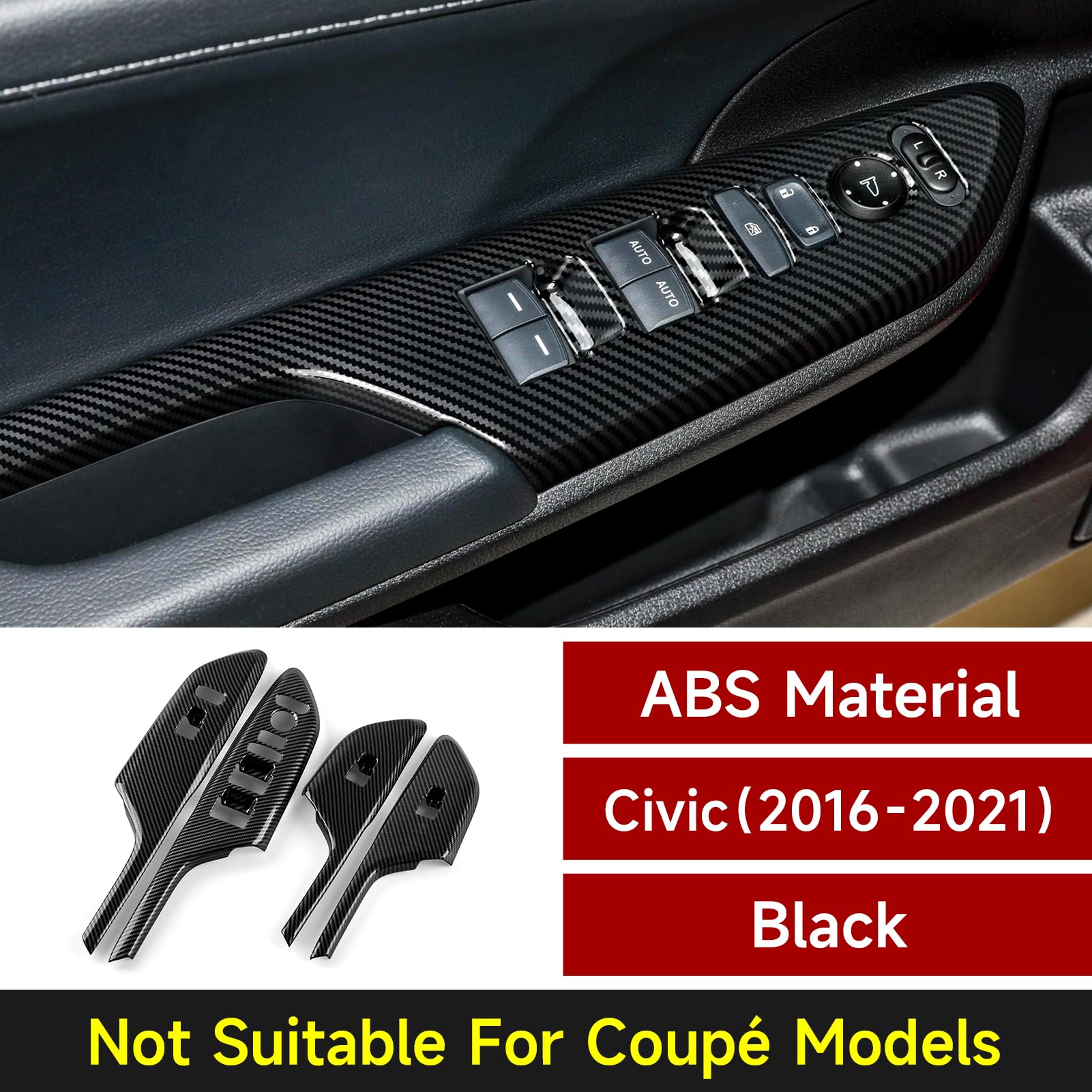 BRMYL Car Window Lift Control Switch Panel Cover Decals for 2016-2021 Honda Civic 10th Gen Accessories ABS Carbon Fiber Stickers