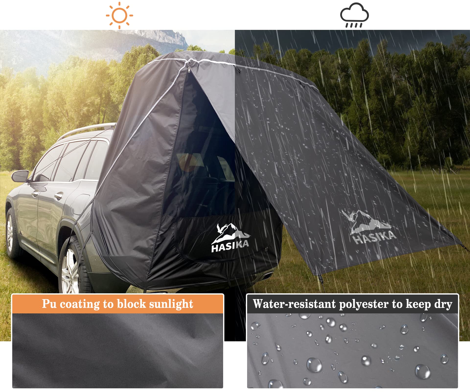 Hasika Suv Camping Tent Car Tailgate Shade Awning With Screen Net Midsize To Full Size Suv Van Waterproof 3000 Mm Upf 50+ Black