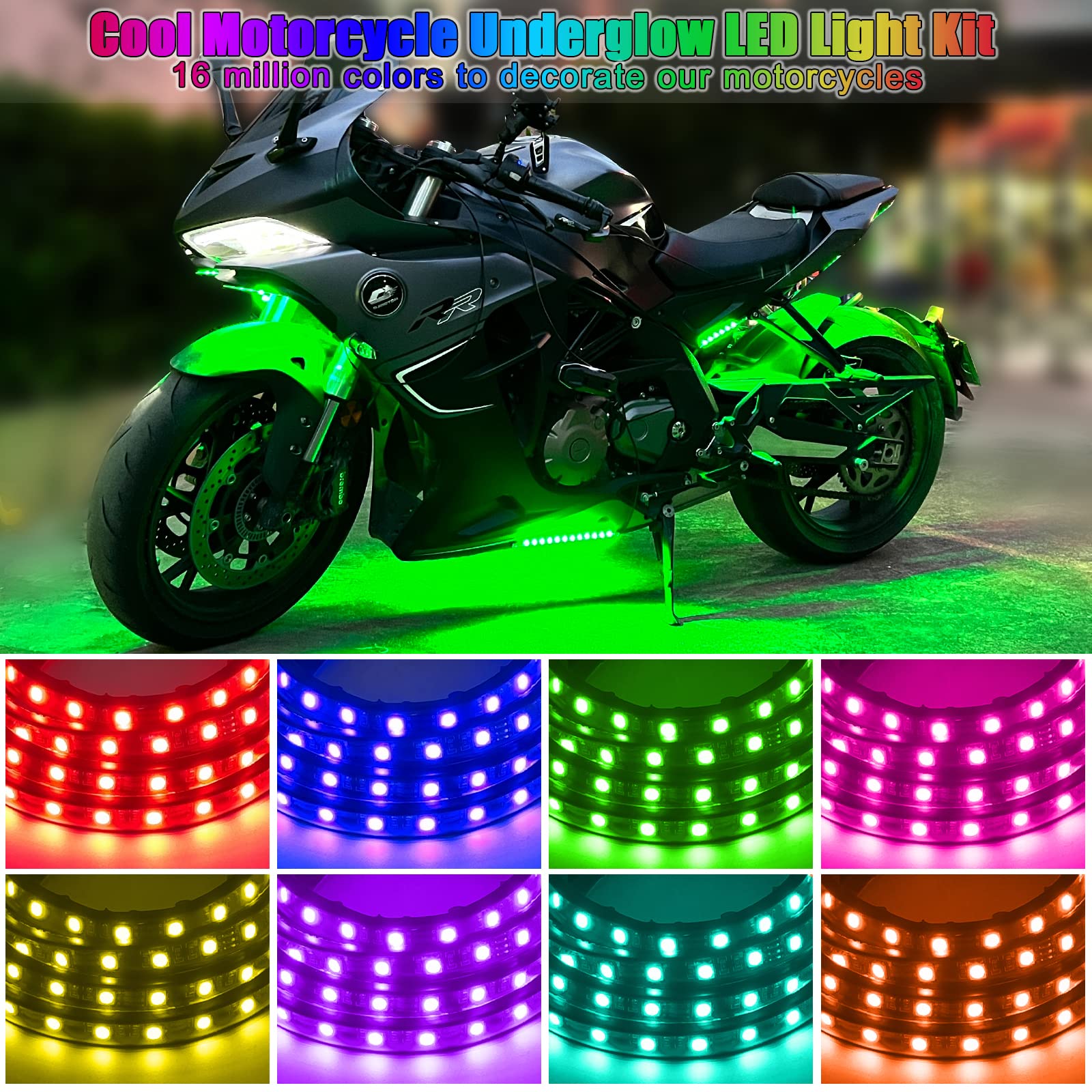 10Pcs Motorcycle LED Underglow Kit, RGB LED Strips Waterproof Motorcycle Lights, Motorcycle Lights Underglow Kit with APP Contro