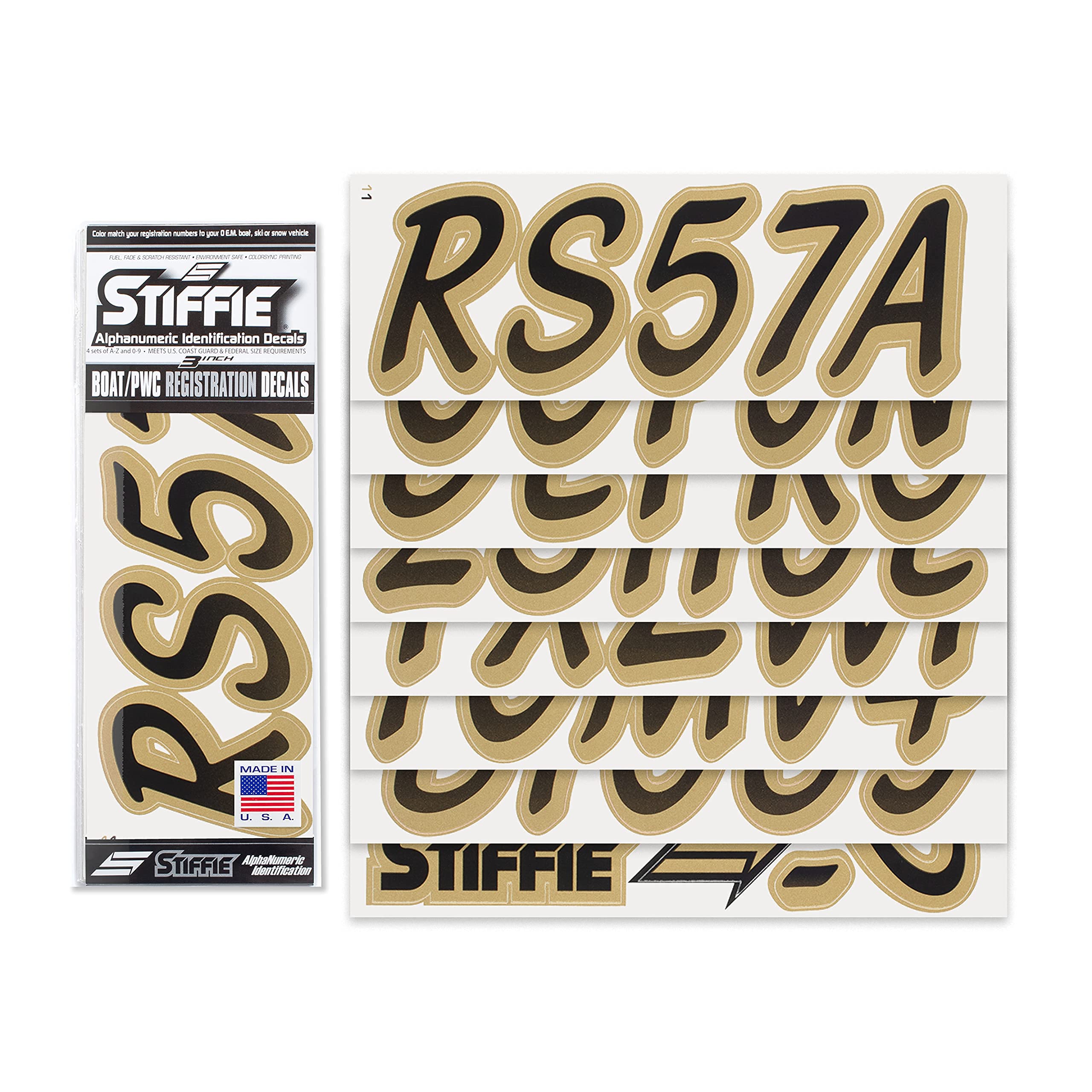 STIFFIE Whipline Black/Metallic Gold 3'' Boat & PWC Registration Decals  Numbers Letters Stickers