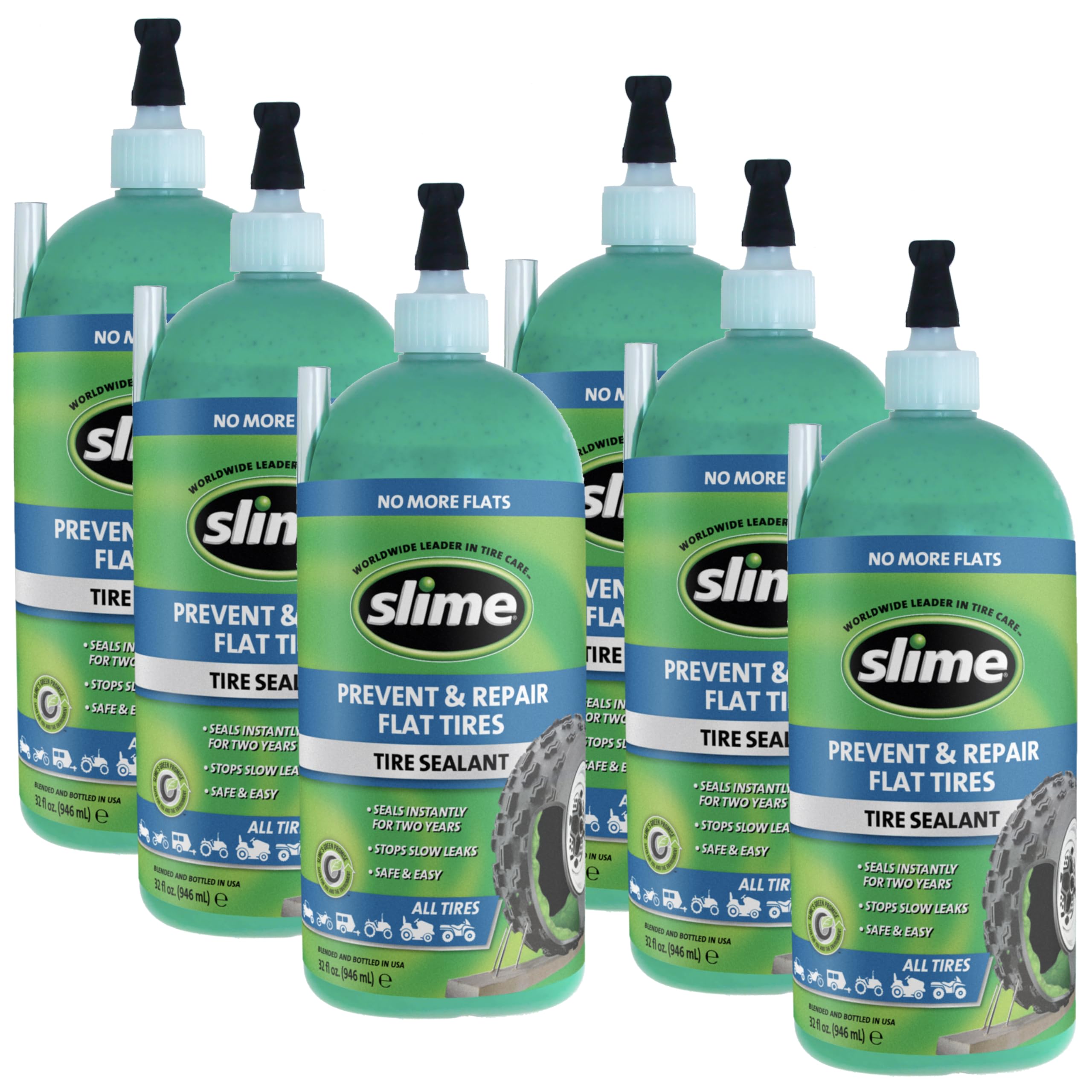 Slime 10009-6Pk Flat Tire Puncture Repair Sealant, Prevent And Repair, All Off-Highway Tubeless Tires, 6 X 32 Oz Bottles