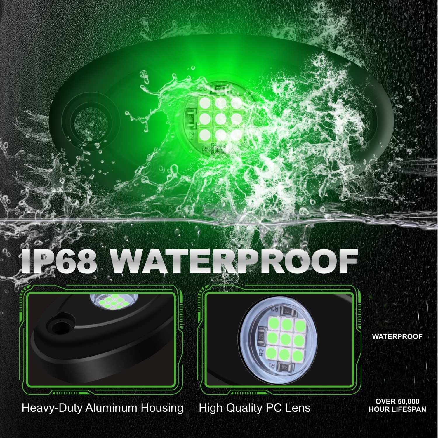 Ly8 4 Pods Led Rock Lights Green Waterproof Underglow Neon Underbody Fender Light Kits For Trucks Car Atv Suv Boat (Green)