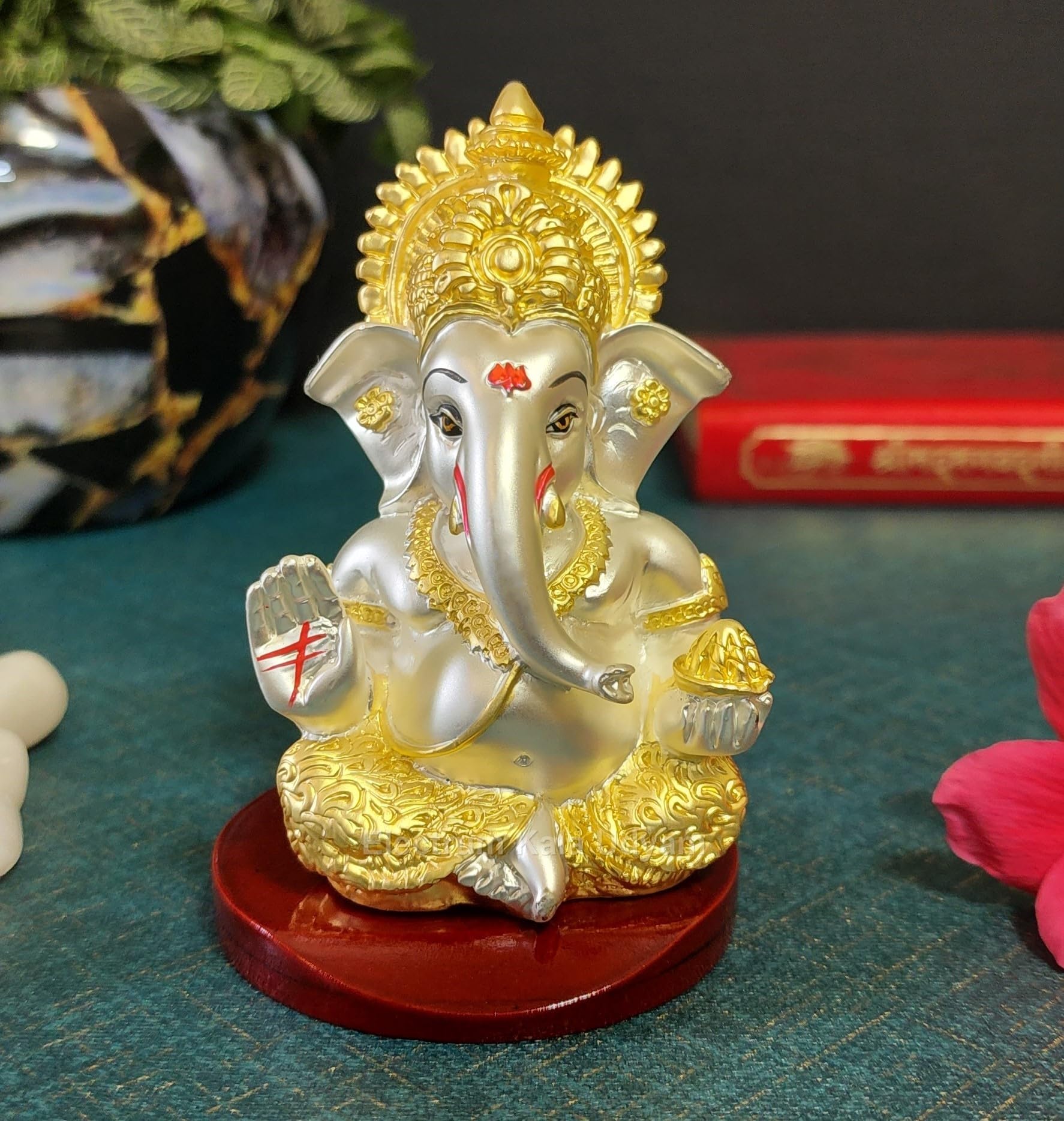 Electrum Kala Udyam Ganesha/Ganpati Gold And Silver Plated Idol On Mdf Base For Car Dashboard, Office Desk, And Festive Gifting 