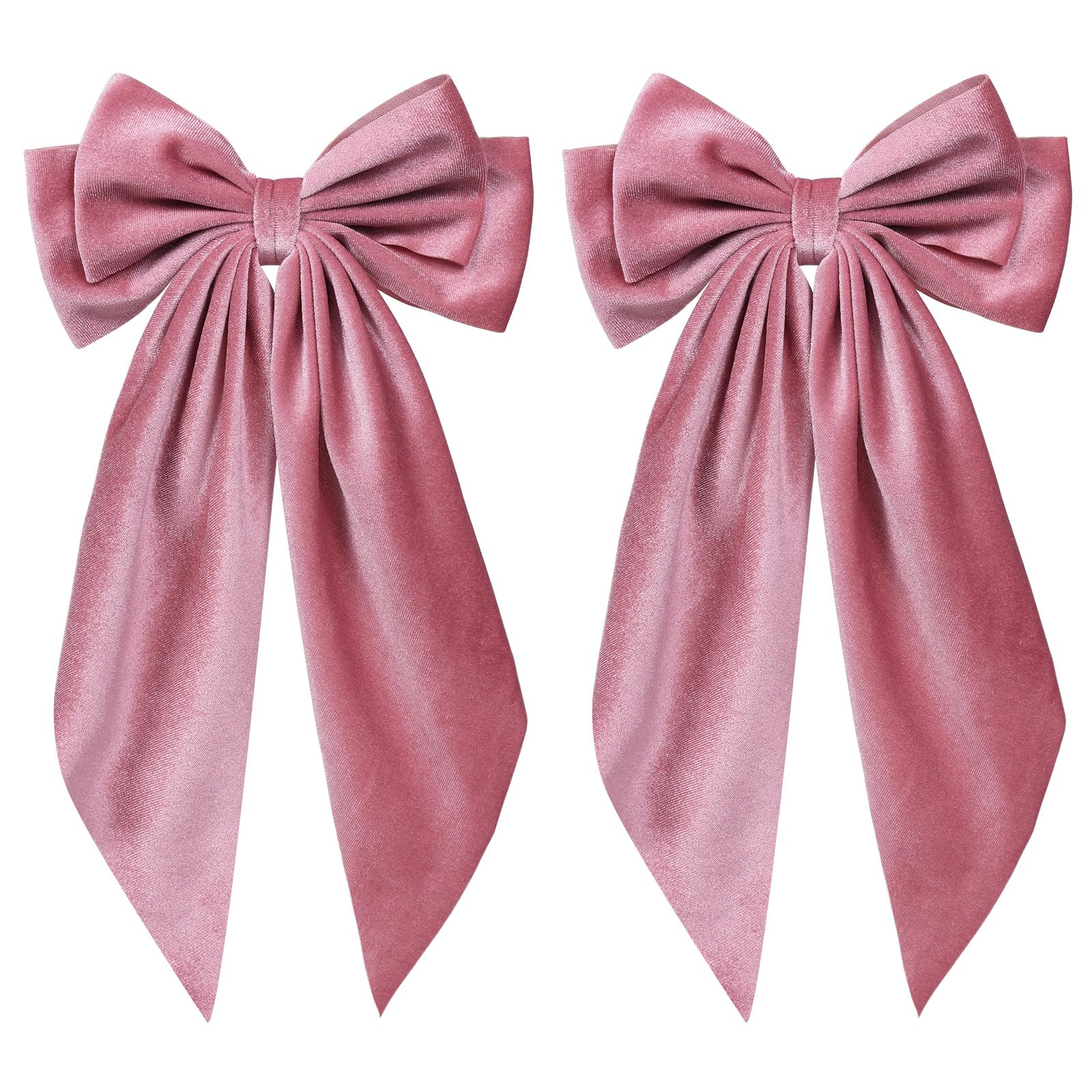 2pc Beige Pink Velvet Ribbon Hair Bows with Long Tail for Women Girls Thick Hair Styling Accessory Oversized Bow-Knot French Hair Barrette Clips Clamp Fall Winter Early Spring Ponytail Holder Stuff-New