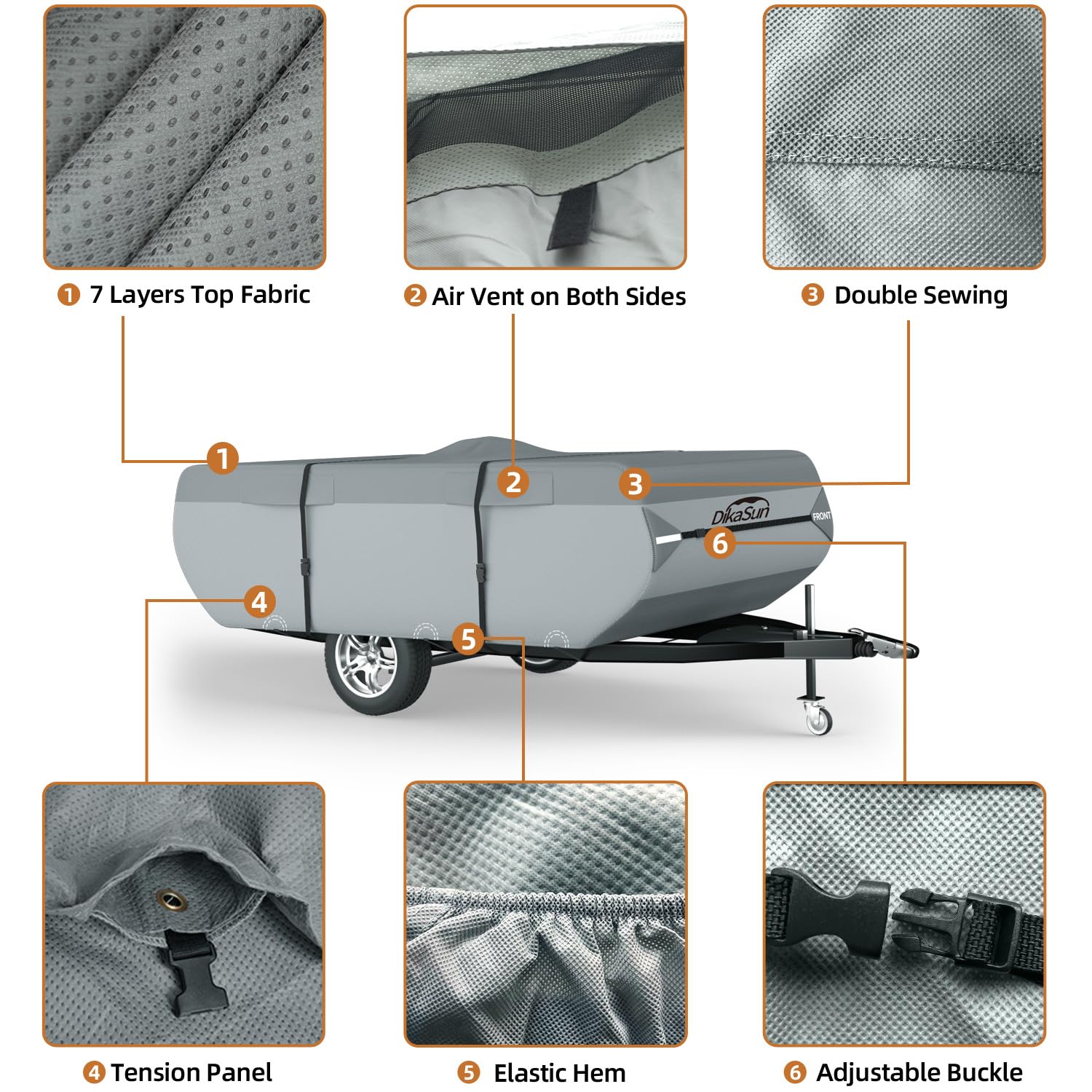 DikaSun Pop Up Camper Cover, 12'-14', 7 Layers Waterproof, Anti-UV, DK5 - Fits Pop Up Trailer, Durable Polypropylene Material