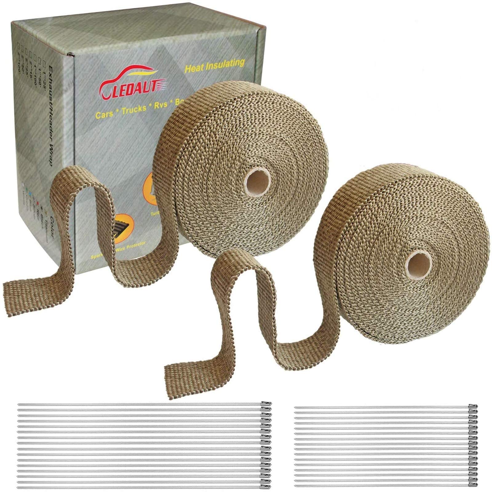 LEDAUT 2 Roll 2'' x 50' Titanium Exhaust Heat Wrap Roll for Motorcycle Fiberglass Heat Shield Tape with Stainless Ties