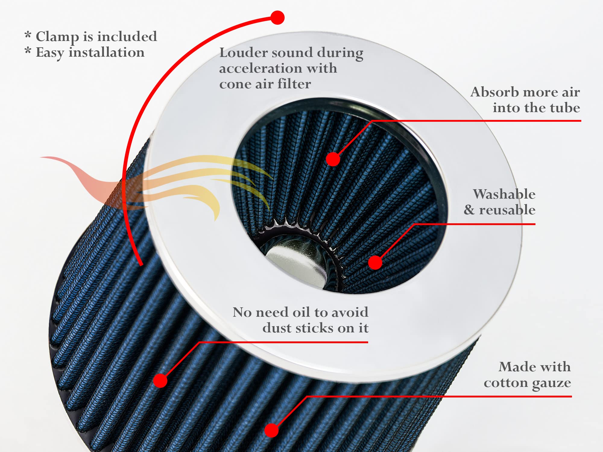 Blue 3.5'' 89 Mm Inlet Narrow Cold Air Cone Replacement Performance Washable Clamp-On Dry Air Filter