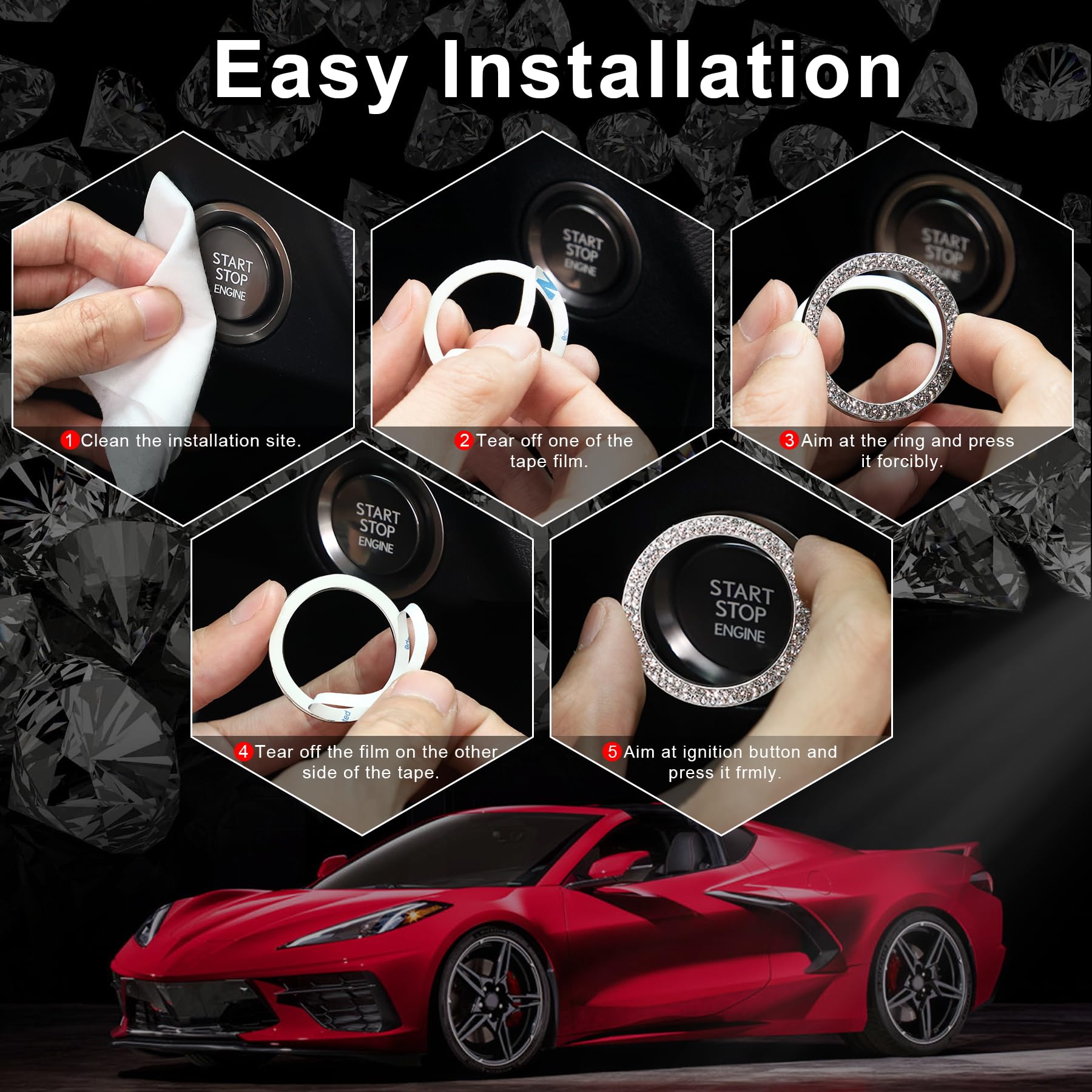 Livtee Car Engine Start Stop Decoration Ring, Crystal Double Rhinestone, Push To Start Button Cover/Sticker, Key Ignition & Knob