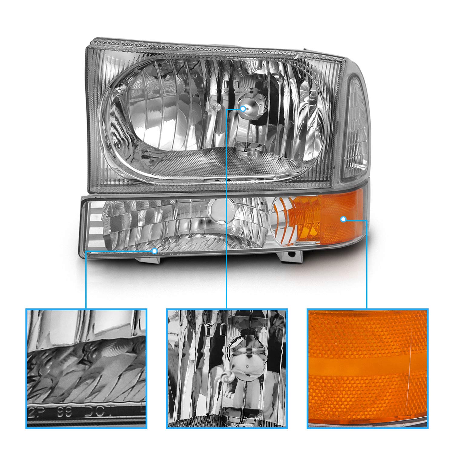 Amerilite For 1999-2004 Ford Super Duty F250 F350 F450 F550 | Excursion Chrome Factory Style Replacement Headlights W/Corner Bum