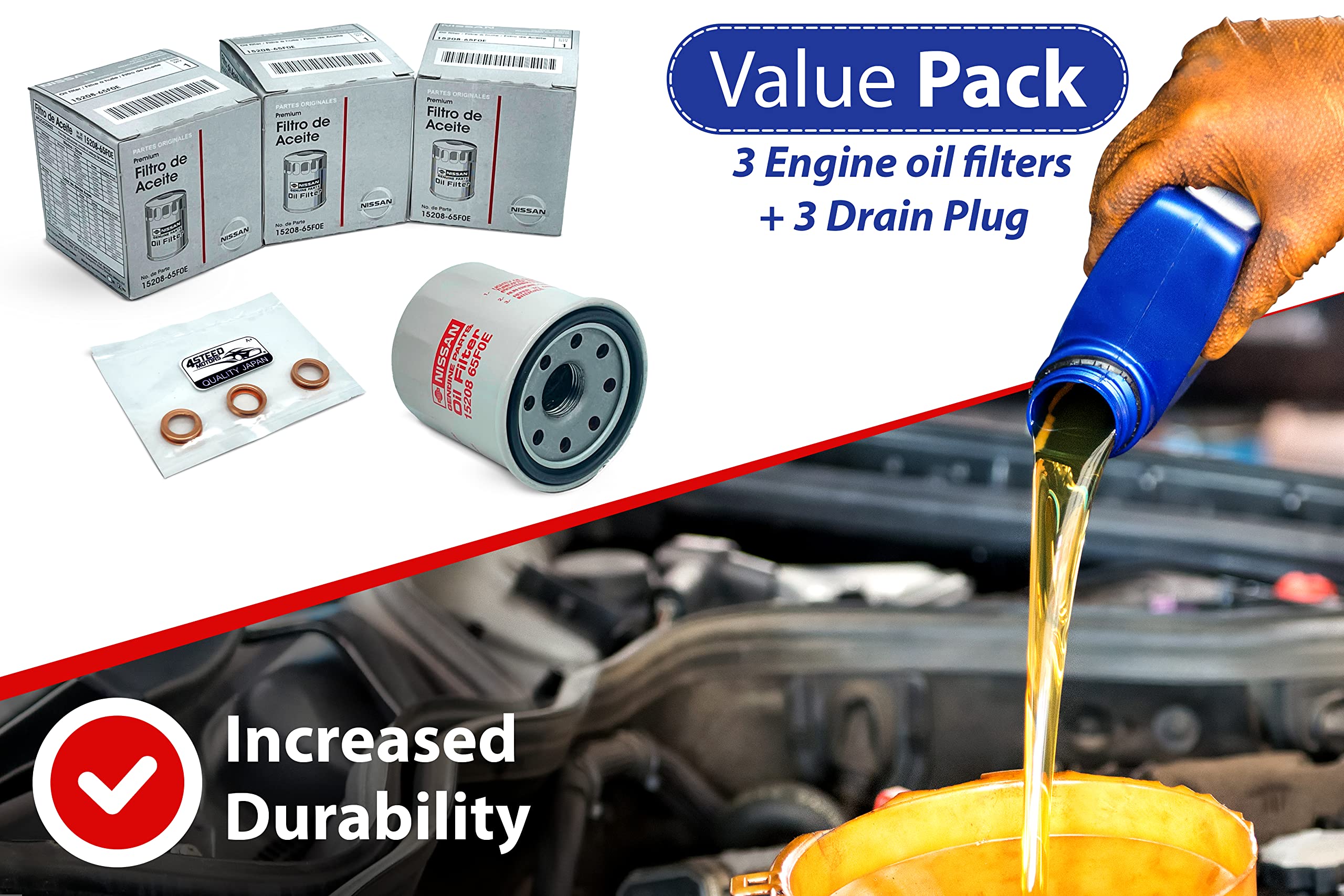 Set 3 Pcs New Genuine Oem 15208-65F0E Engine Oil Filter + 4Steed Motors 11026-Ja00A 11026-01M02 Drain Plug Gasket Compatible With Nissan Infiniti - Rogue Frontier Pathfinder Quest Murano Titan Sentra