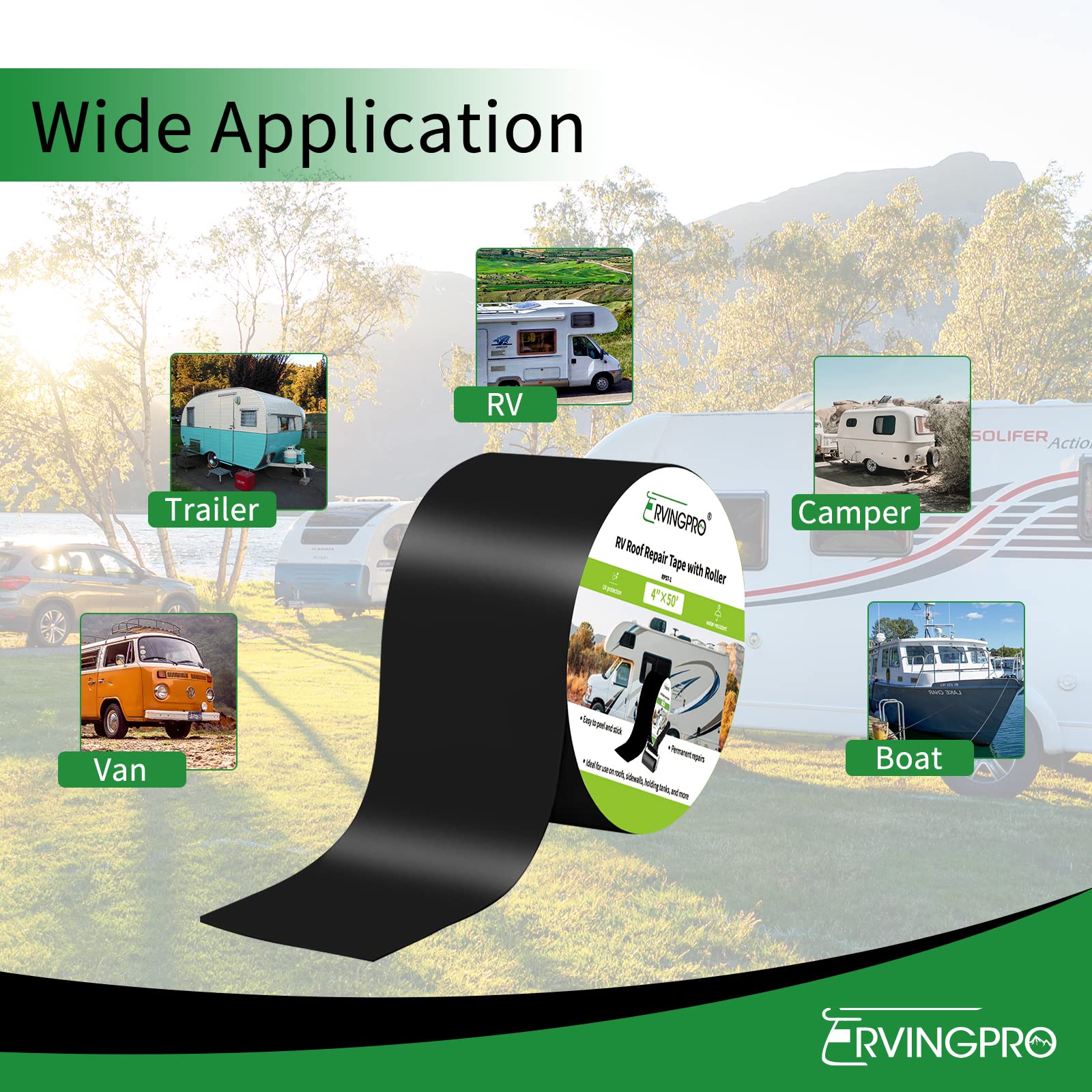 Rvingpro Rv Roof Tape Black With Roller, 4 Inch X 50 Feet Rv Tape For Roof Repair, Waterproof & Uv-Resistant Rv Roof Sealant Tape For Camper, Trailer, Boat Sealing