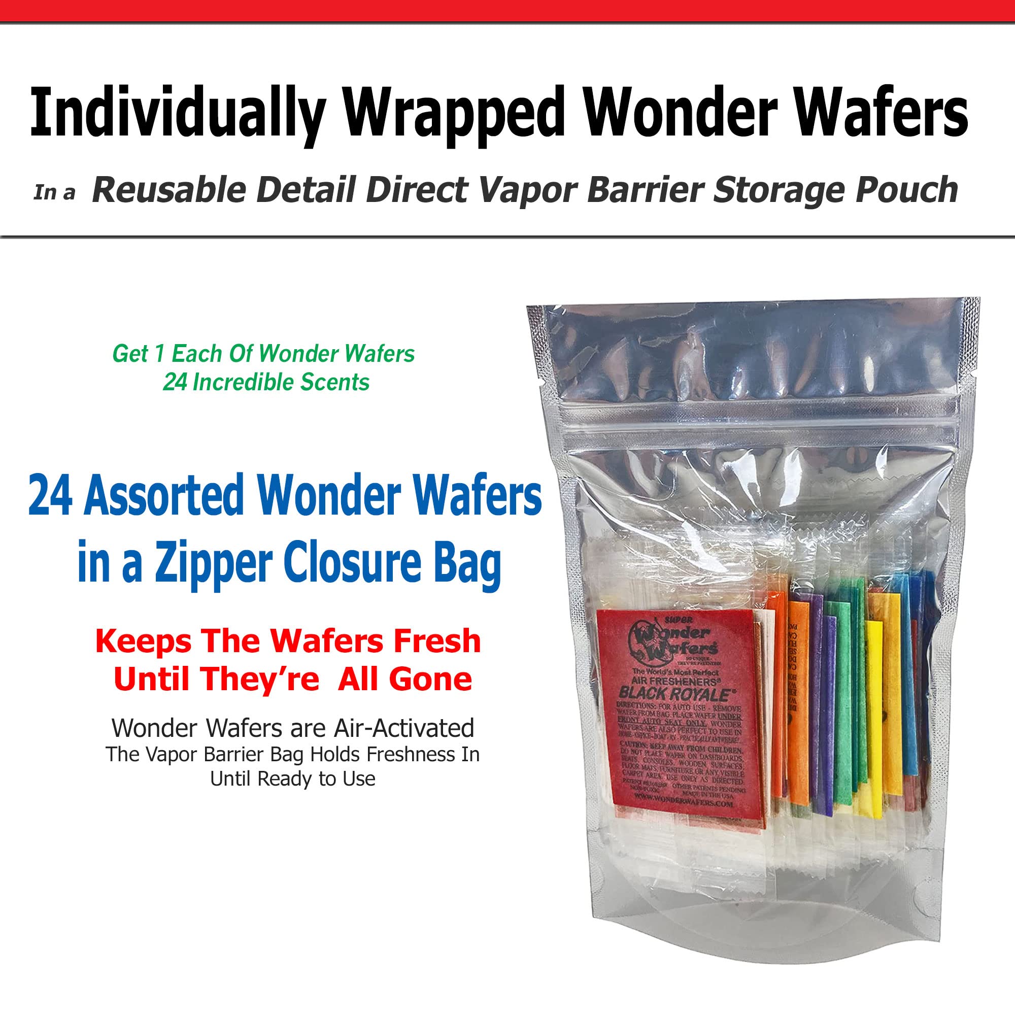 Wonder Wafers Car Air Freshener, Sample Pack, Resealable Vapor Barrier Bag, Includes All 24 Scents (24 Pack)