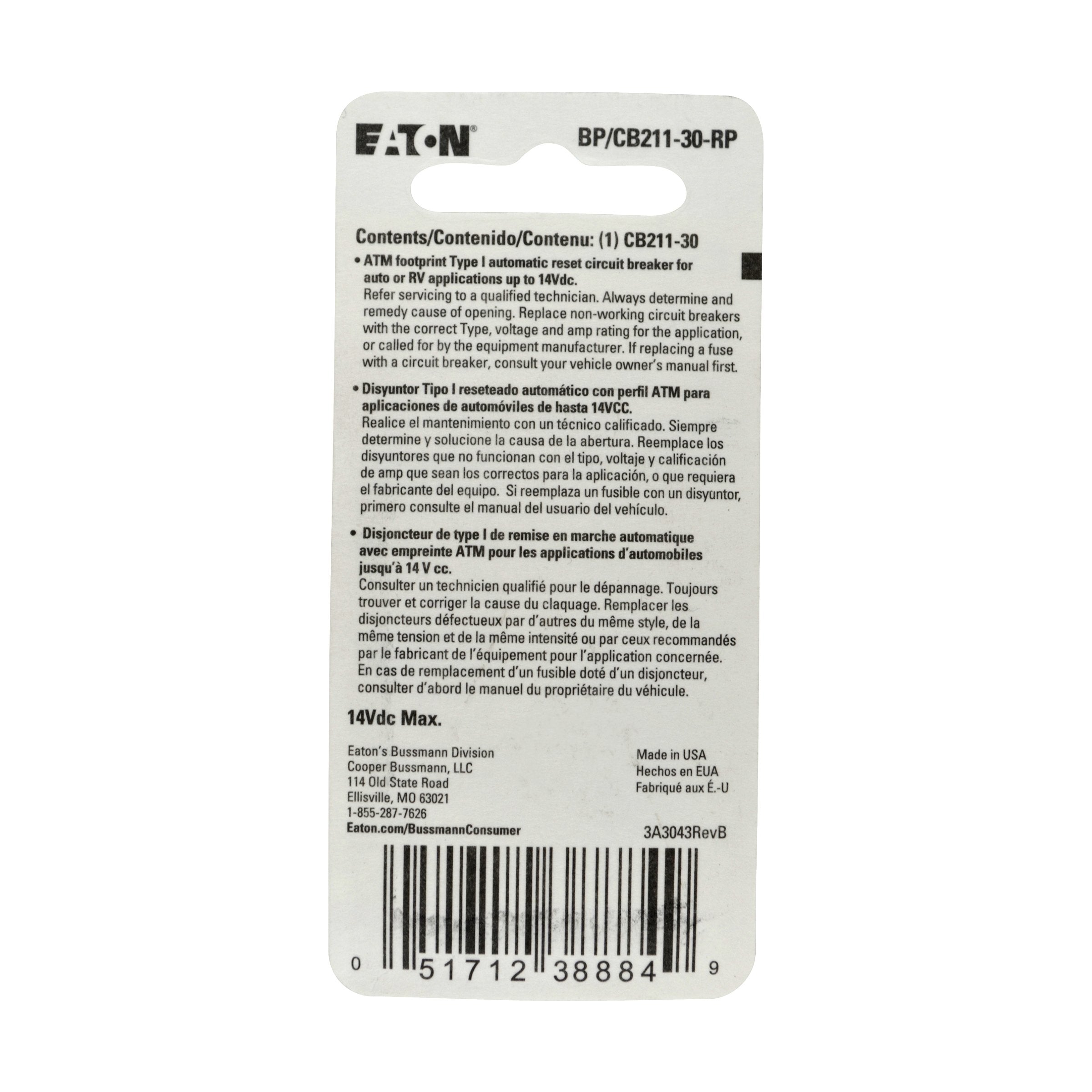 Bussmann (Bp/Cb211-30-Rp) 30 Amp Type-I Atm Mini Circuit Breaker