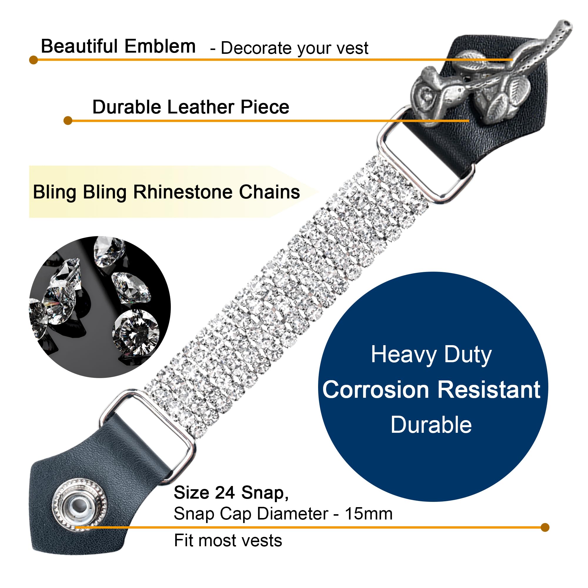 Dream Apparel 4Pcs Bling Crystal Motorcycle Vest Extenders For Women Biker With Faux Leather Ends And Rhinestone Chains