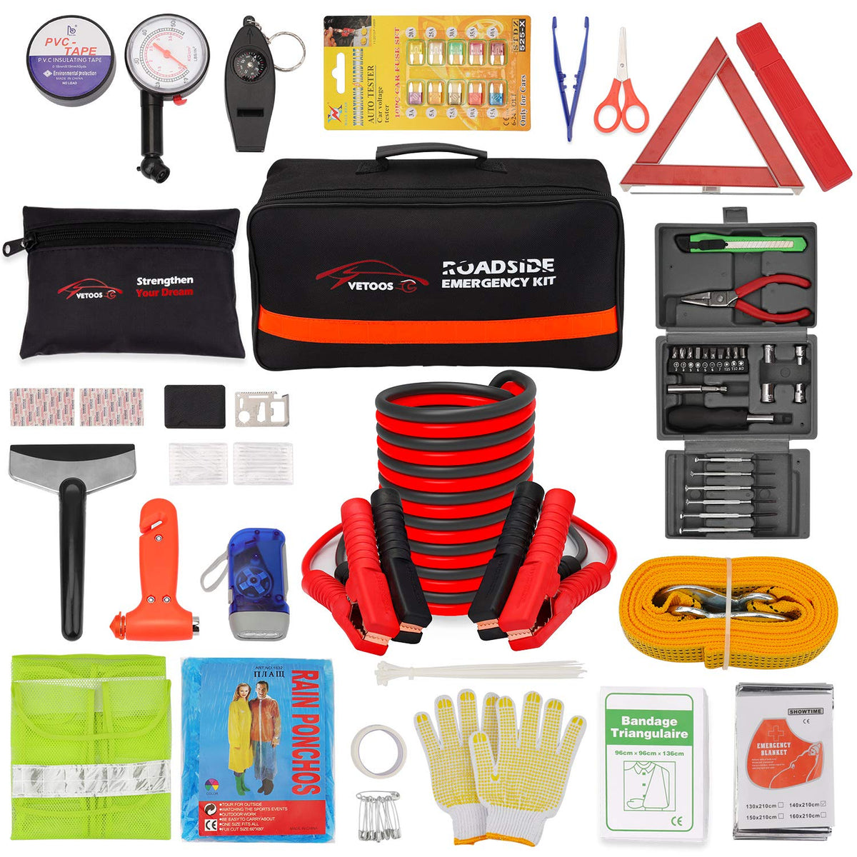 Vetoos Roadside Emergency Car Kit With Jumper Cables, Auto Vehicle Safety Road Side Assistance Kit Essentials, Winter Car Kit Fo